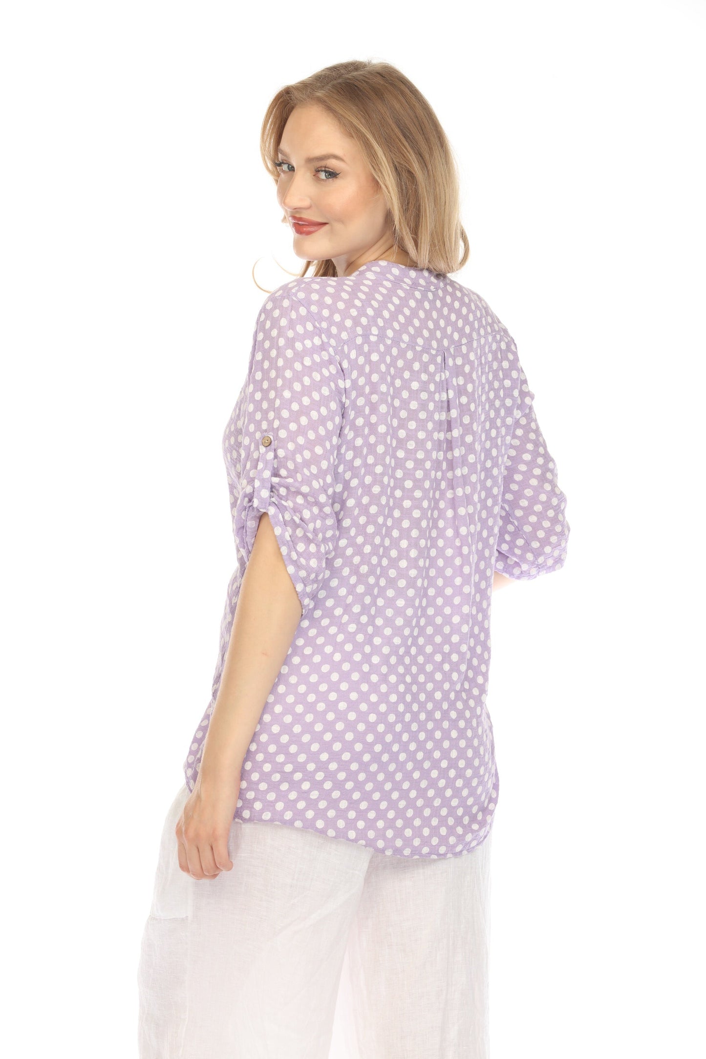 Purple Polka Dot Quarter Sleeves Button Top