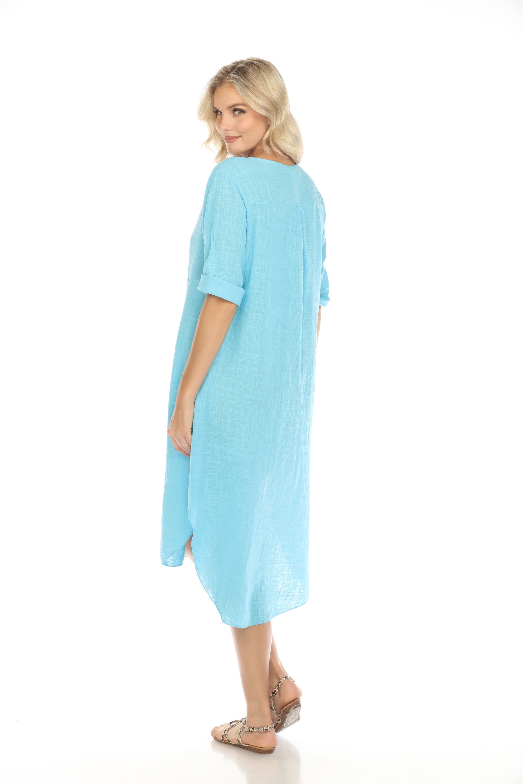 Ocean Blue Quarter Sleeves Rounded Slit Dress