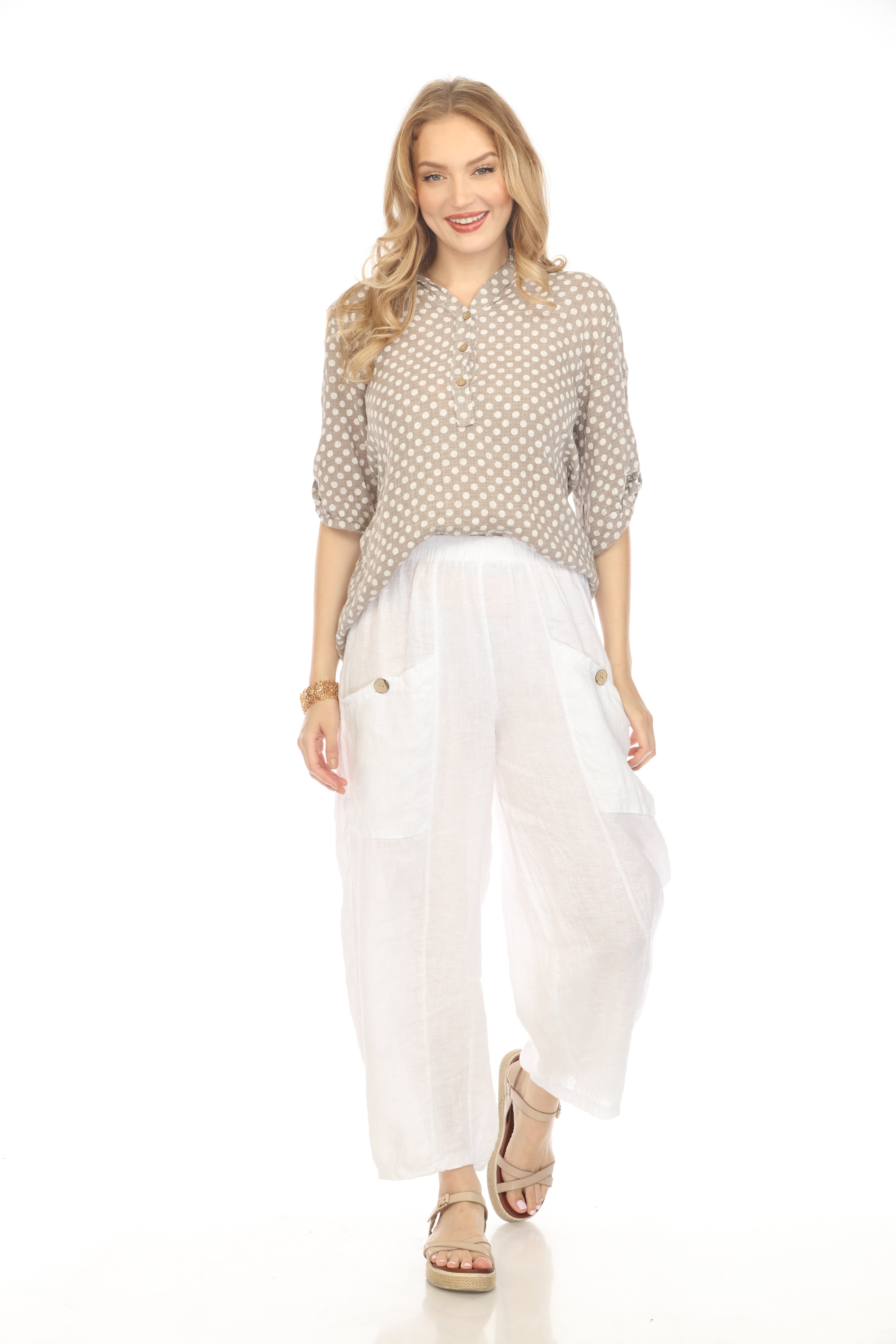 Taupe Polka Dot Quarter Sleeves Button Top