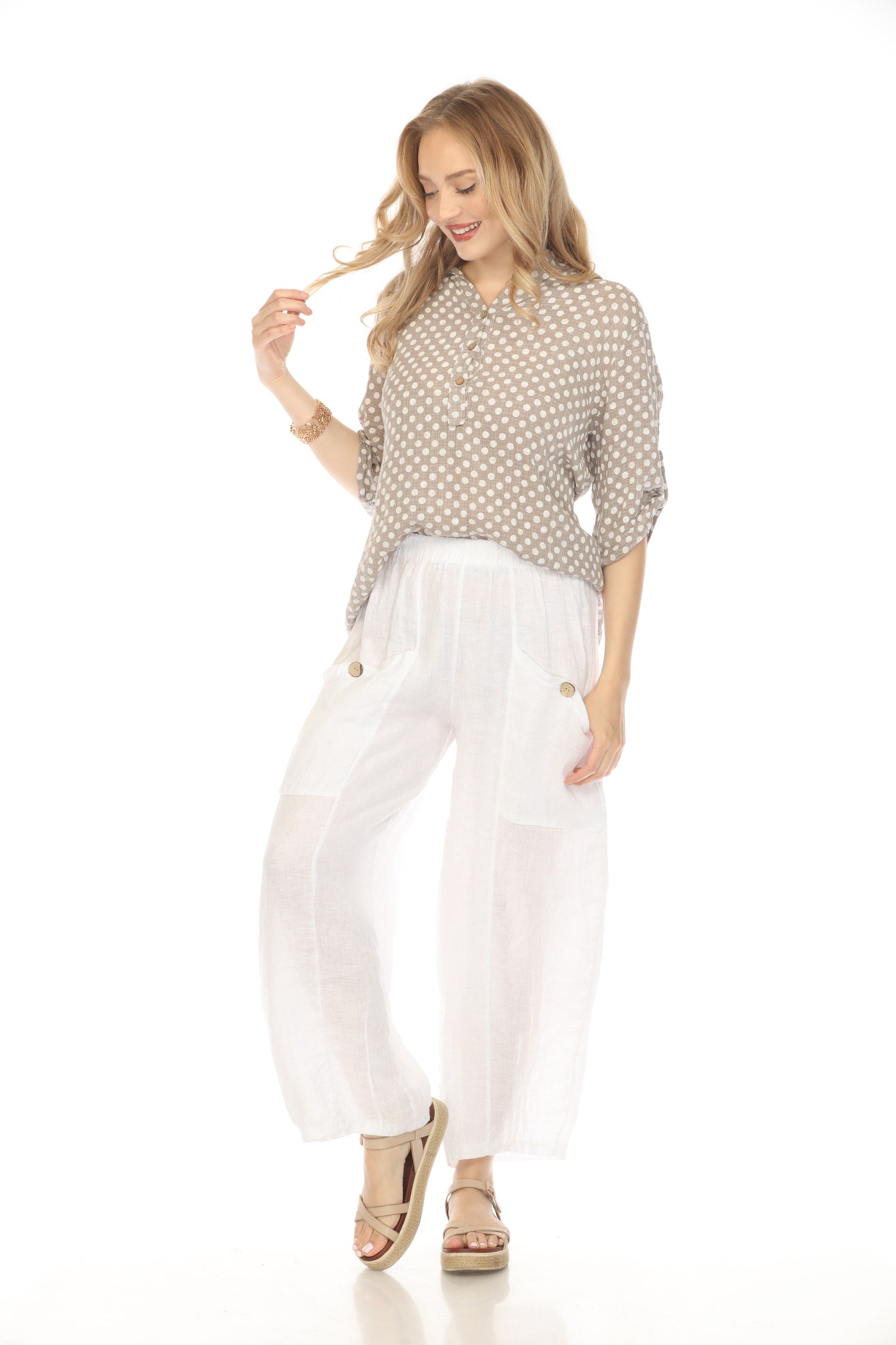 Taupe Polka Dot Quarter Sleeves Button Top