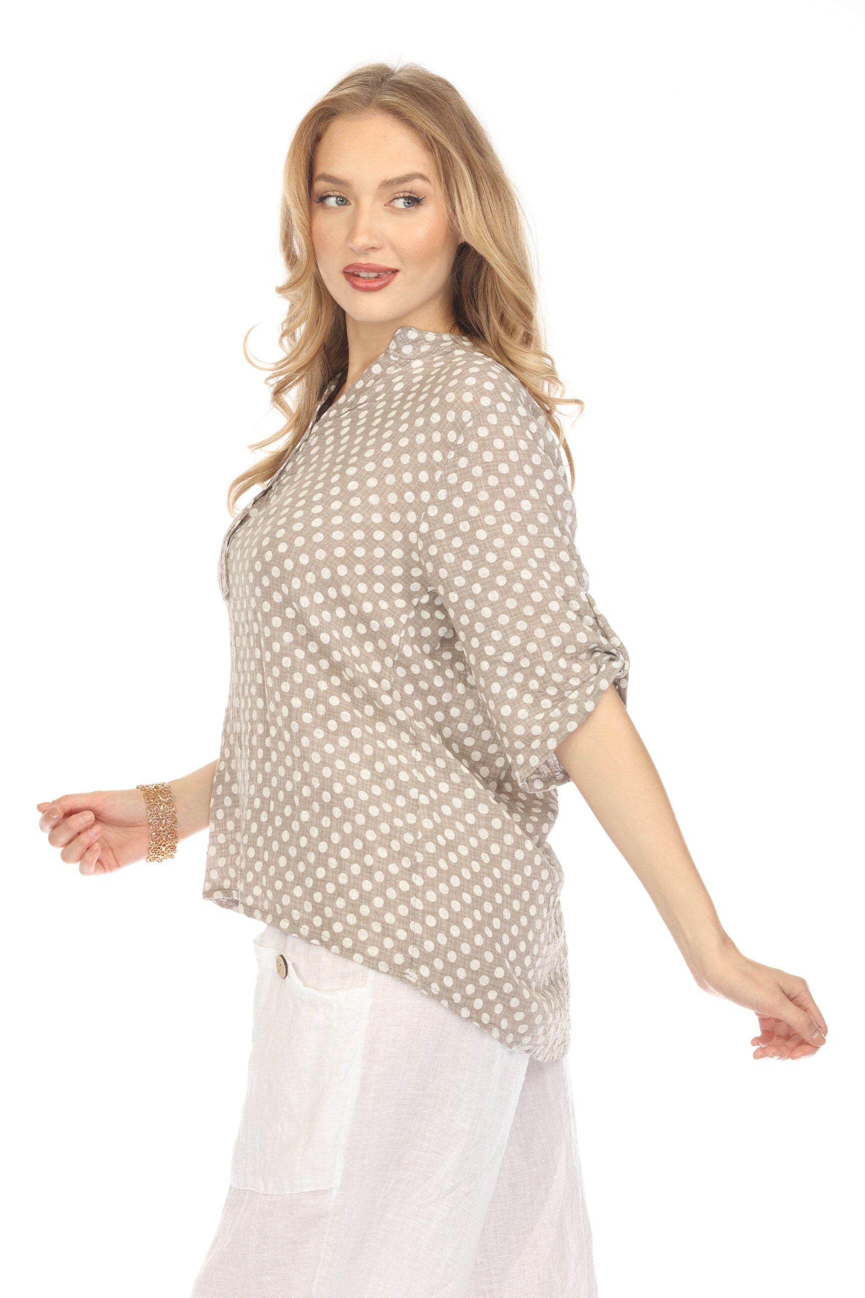 Taupe Polka Dot Quarter Sleeves Button Top