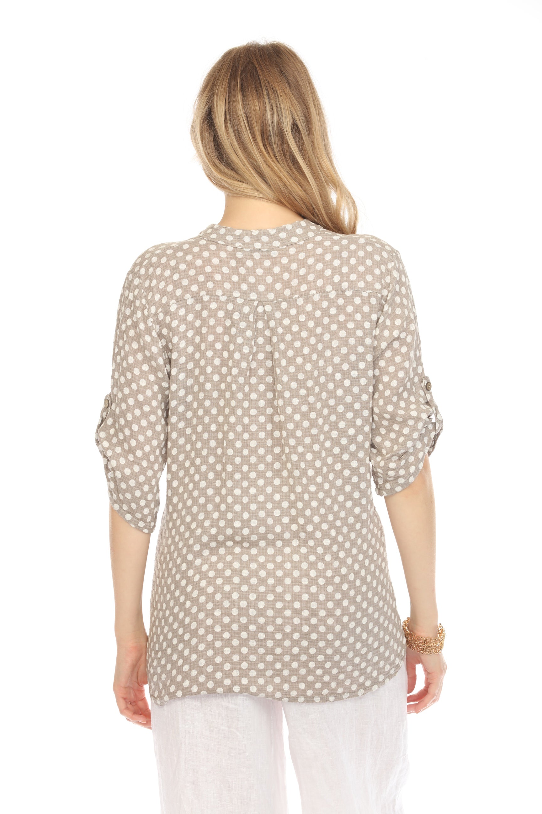 Taupe Polka Dot Quarter Sleeves Button Top