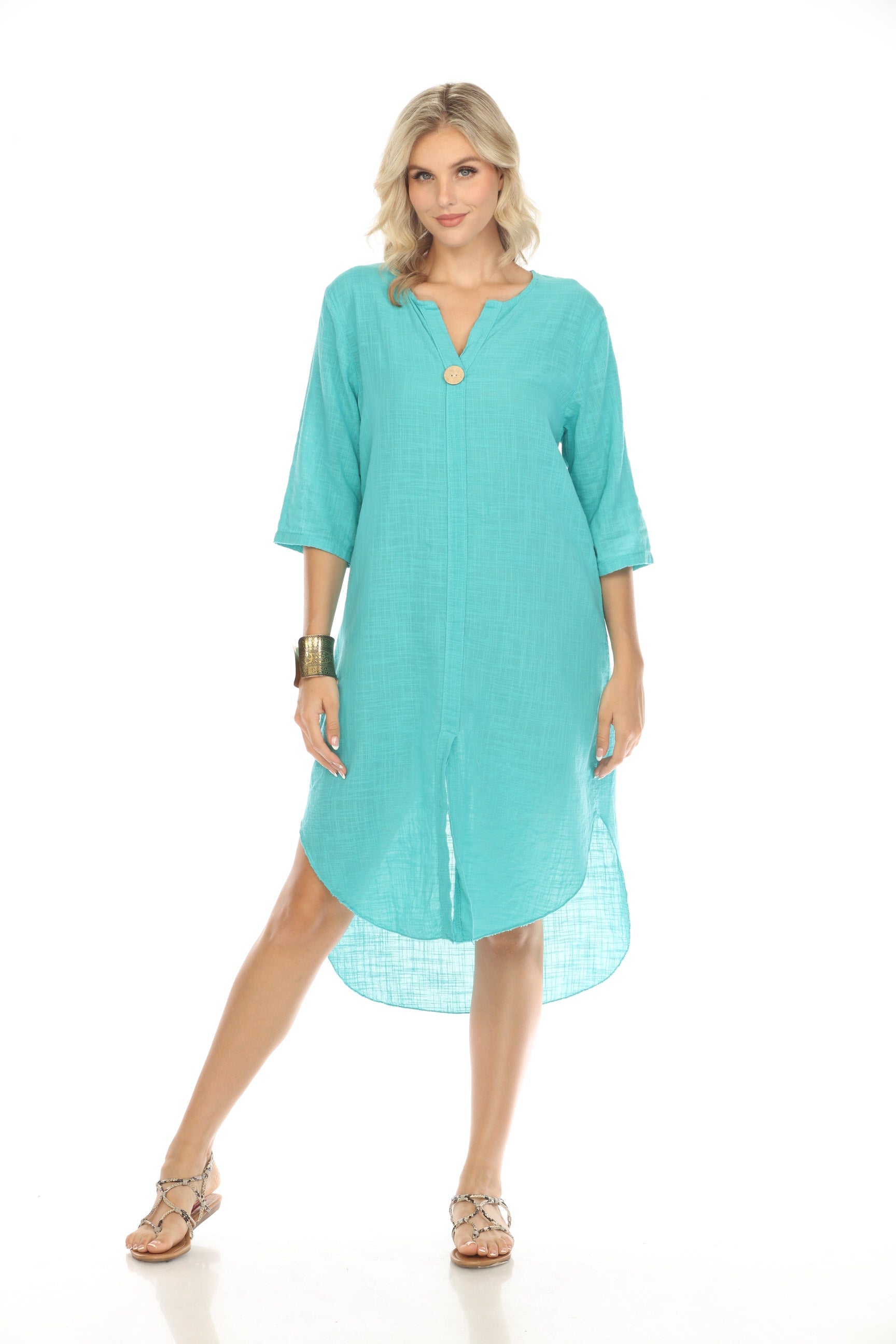 Teal Quarter Sleeves Rounded Slit Dress