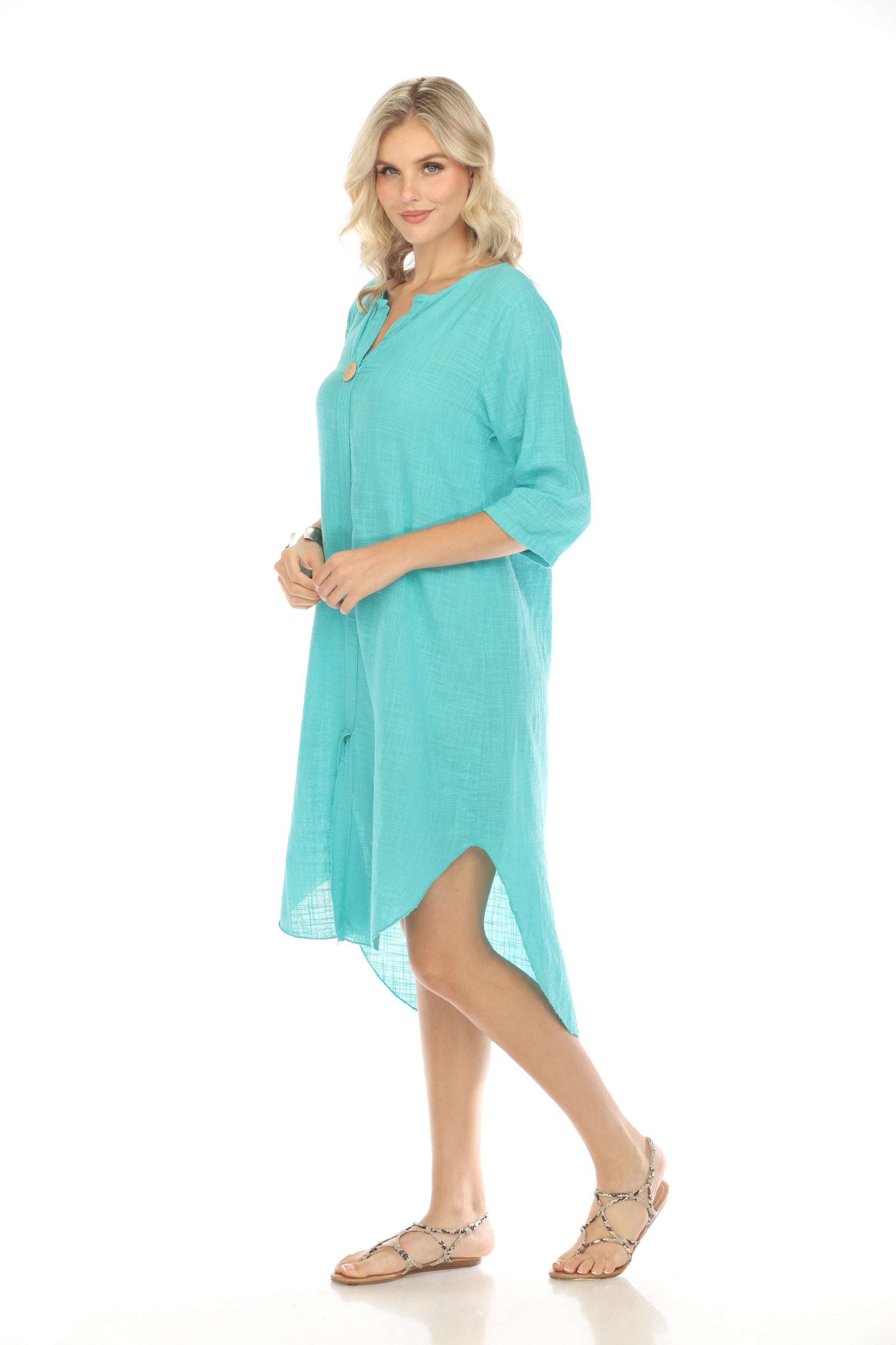 Teal Quarter Sleeves Rounded Slit Dress