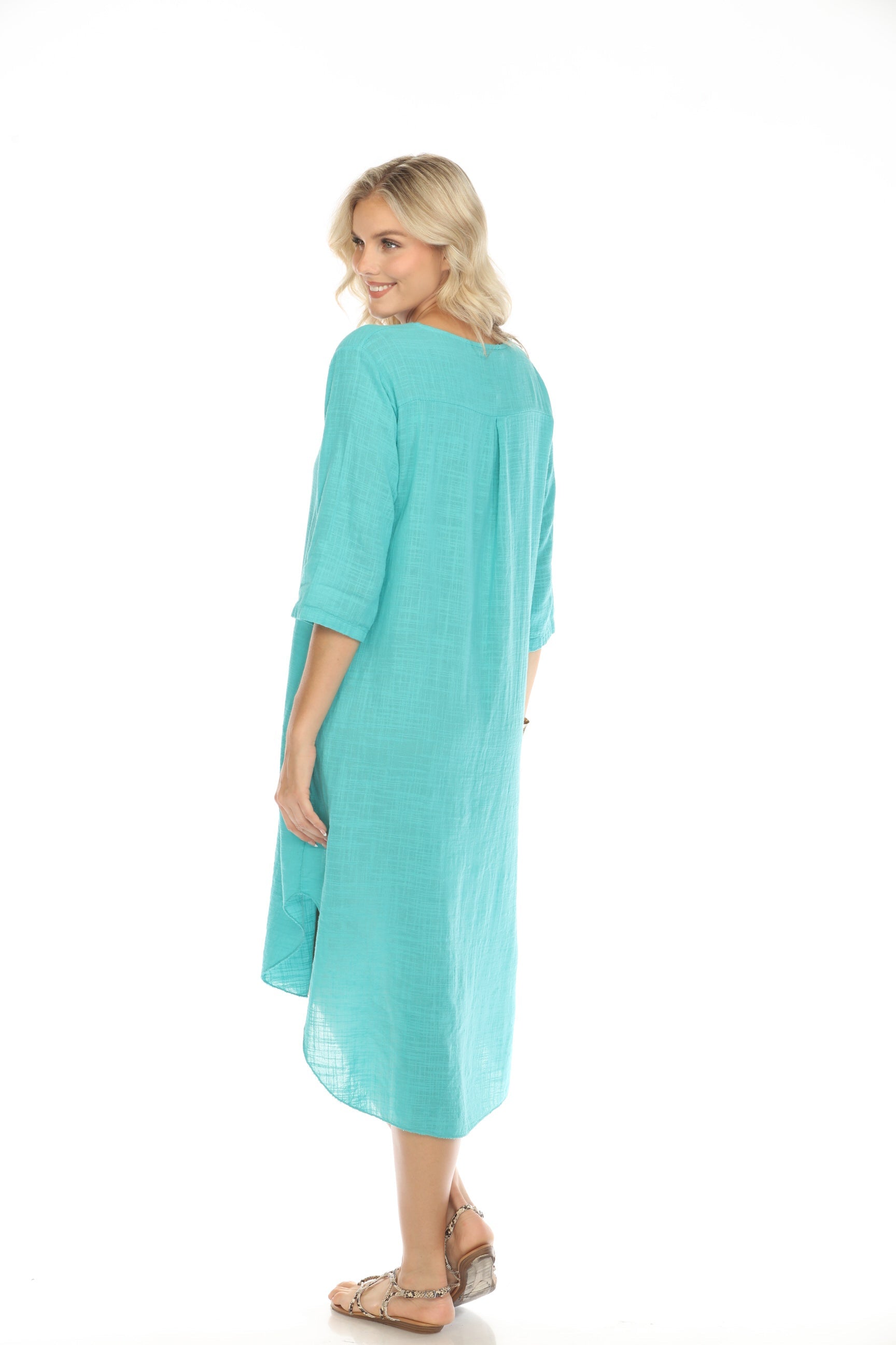 Teal Quarter Sleeves Rounded Slit Dress