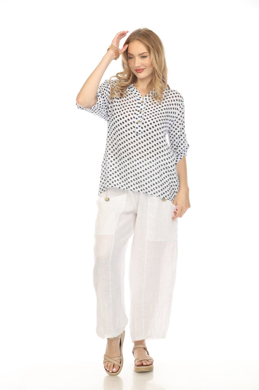 White Polka Dot Quarter Sleeves Button Top
