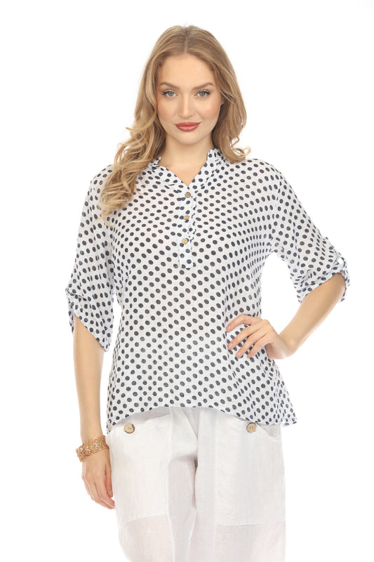 White Polka Dot Quarter Sleeves Button Top