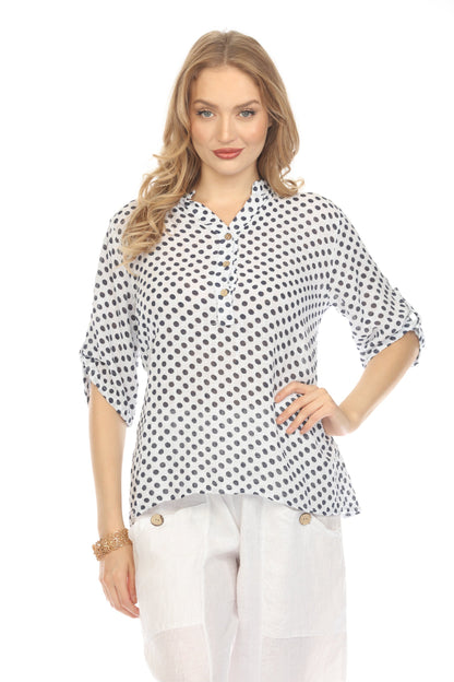 White Polka Dot Quarter Sleeves Button Top