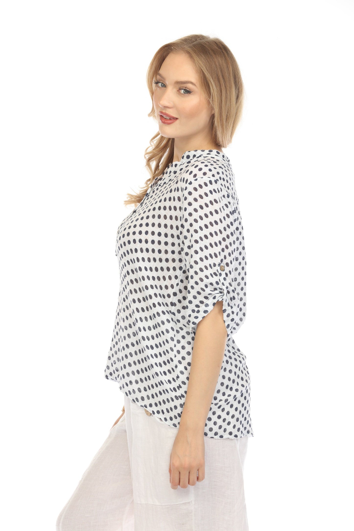 White Polka Dot Quarter Sleeves Button Top