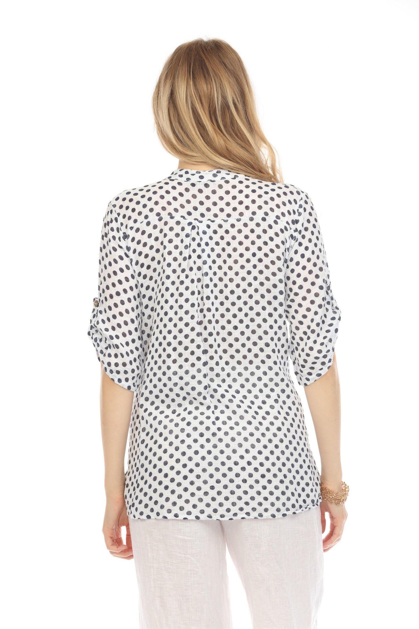 White Polka Dot Quarter Sleeves Button Top