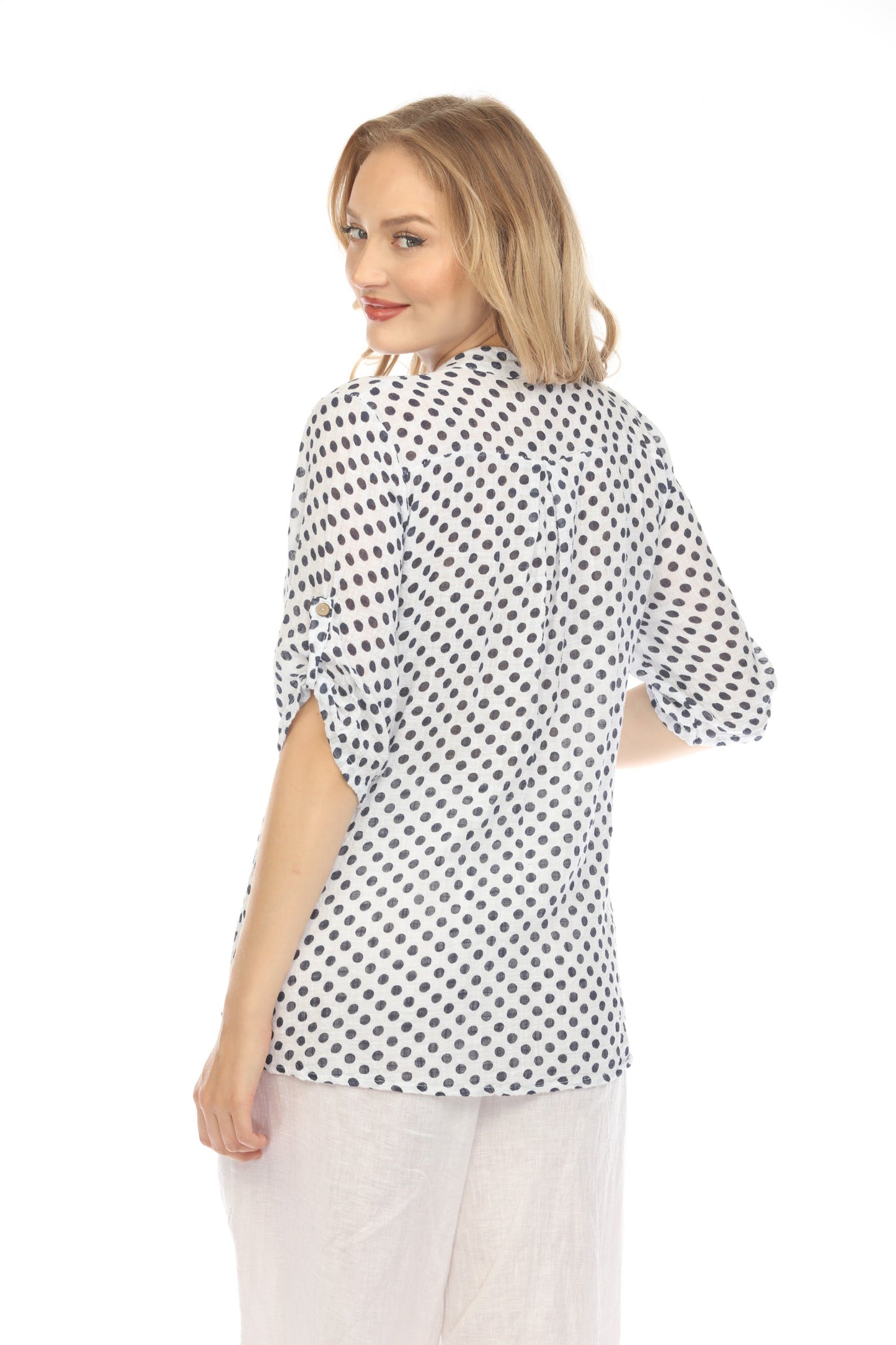 White Polka Dot Quarter Sleeves Button Top