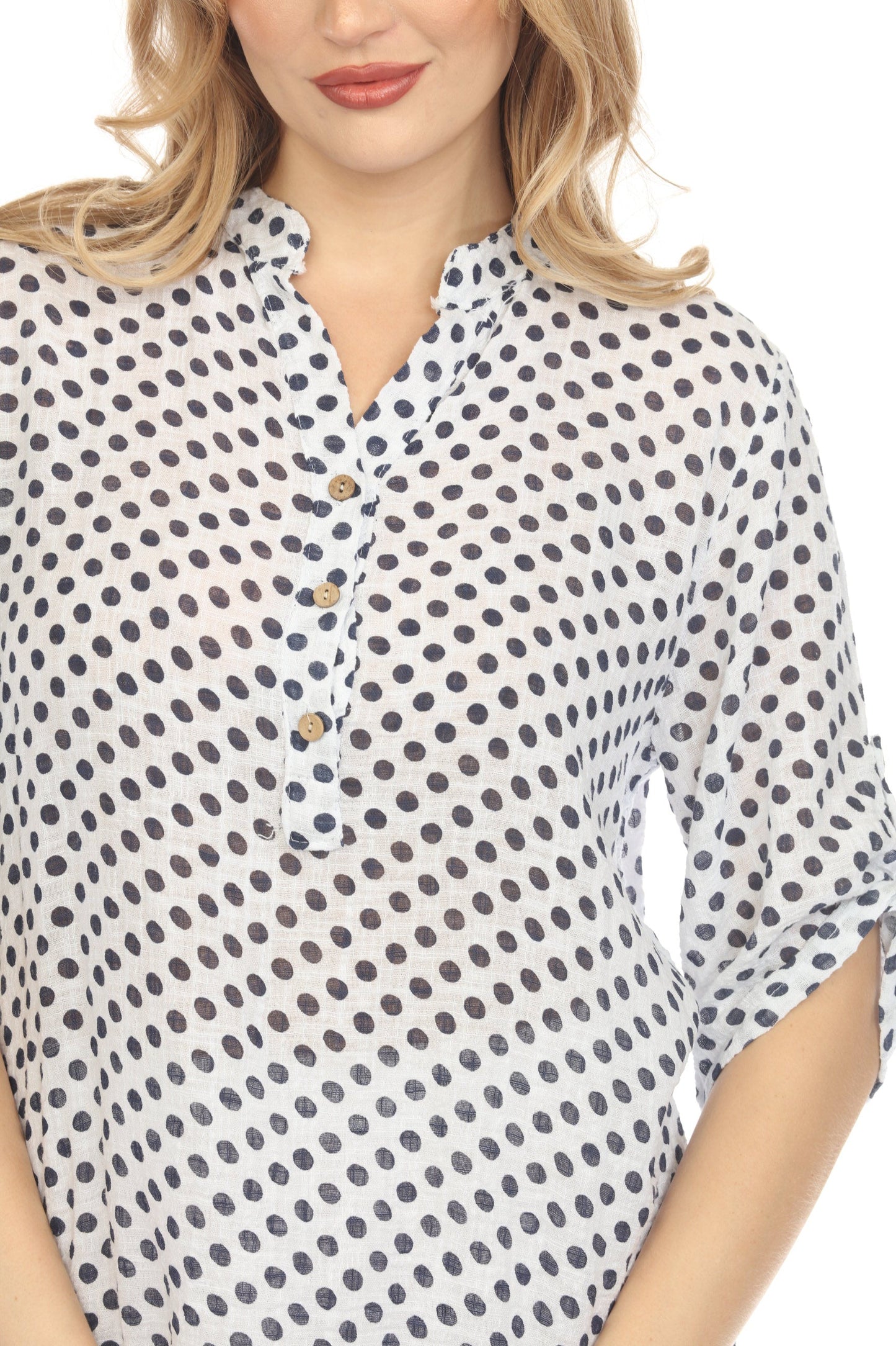 White Polka Dot Quarter Sleeves Button Top