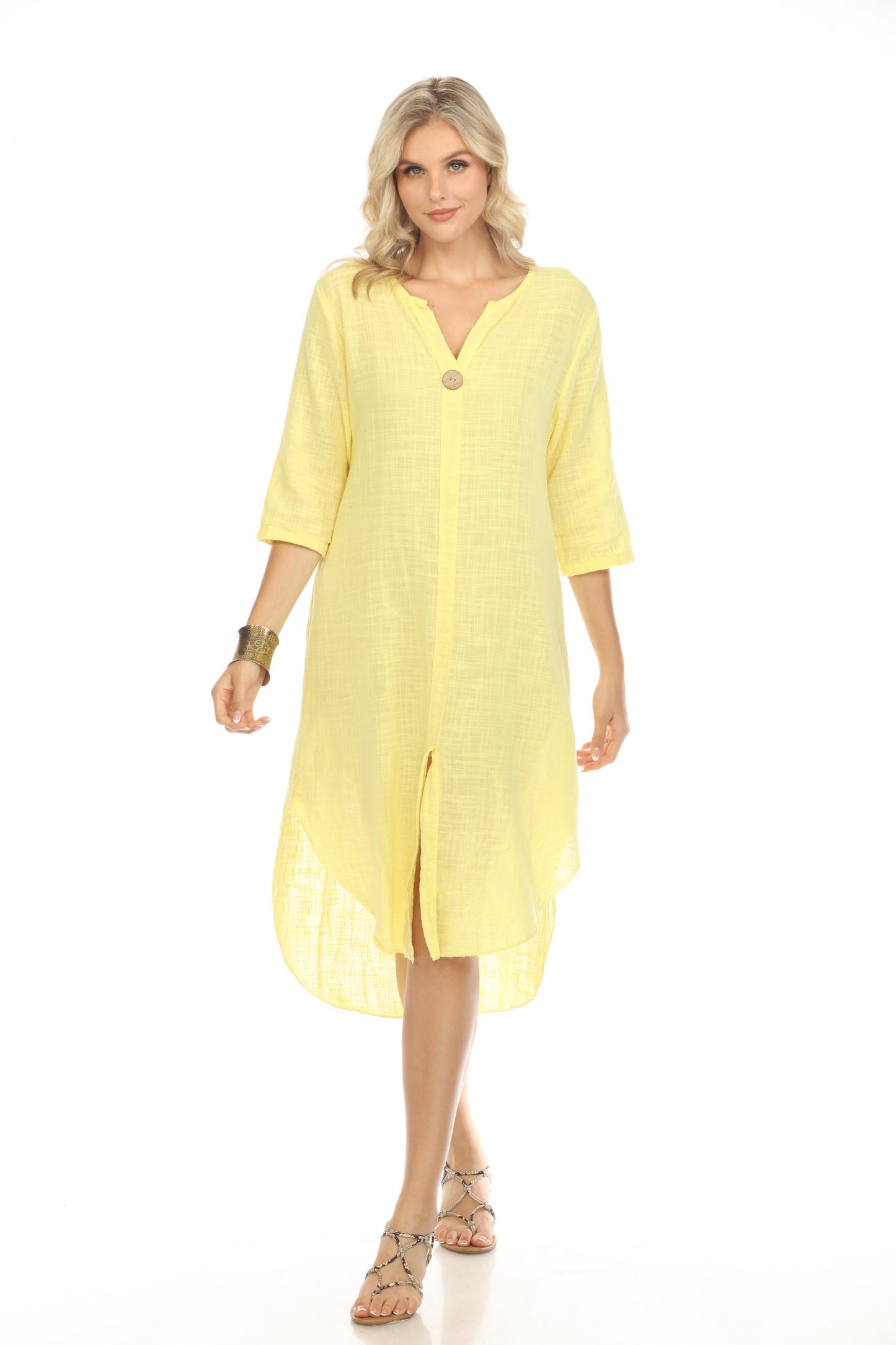 Yellow Quarter Sleeves Rounded Slit Dress