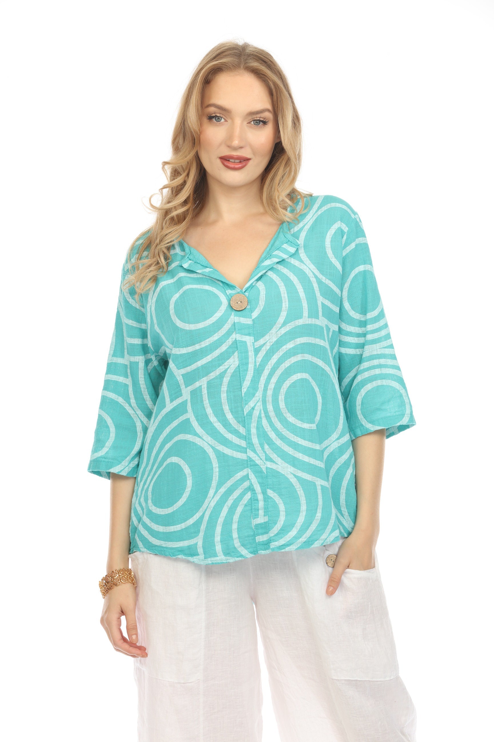 Teal Circle Print one button detail top