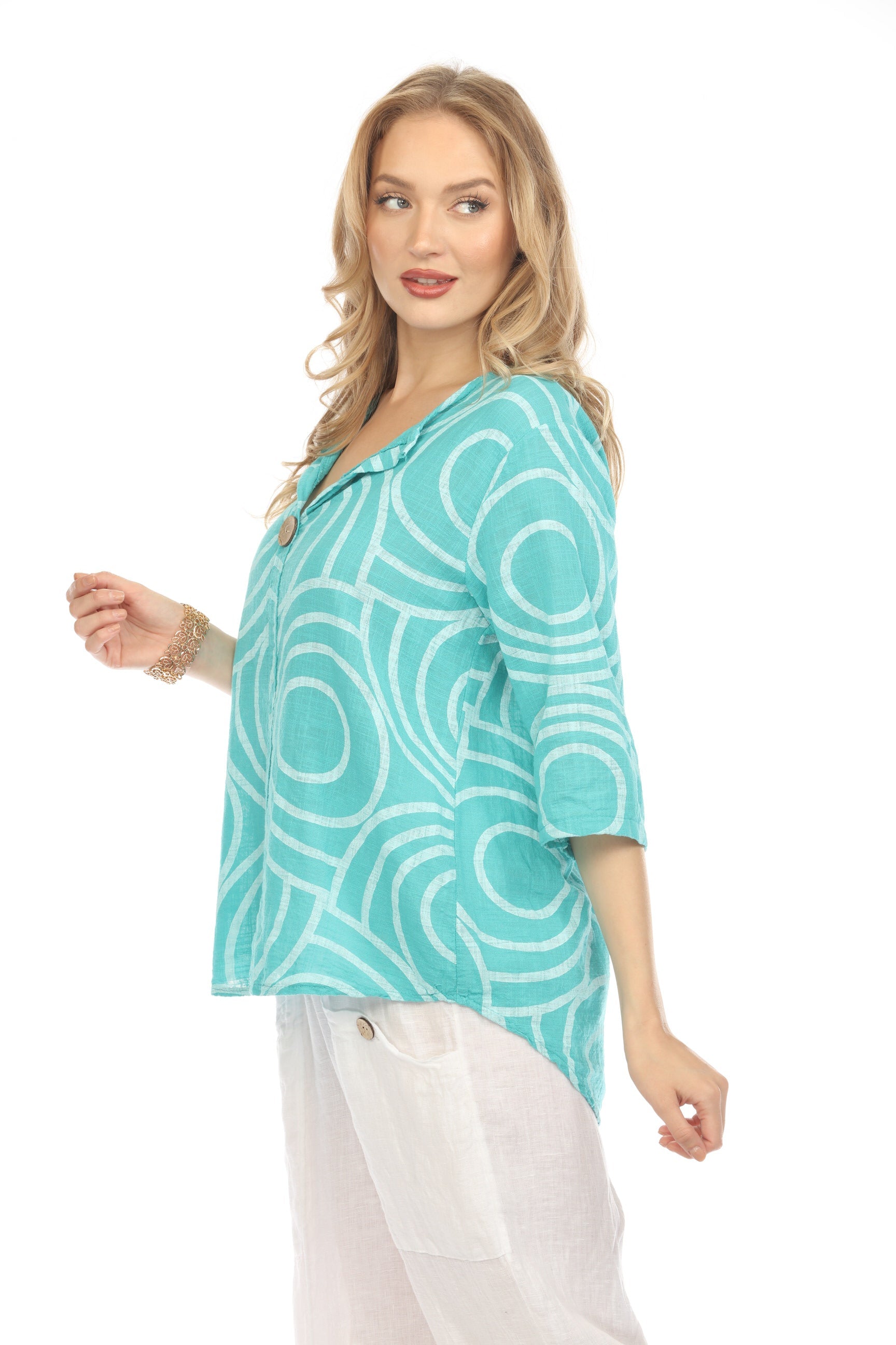 Teal Circle Print one button detail top