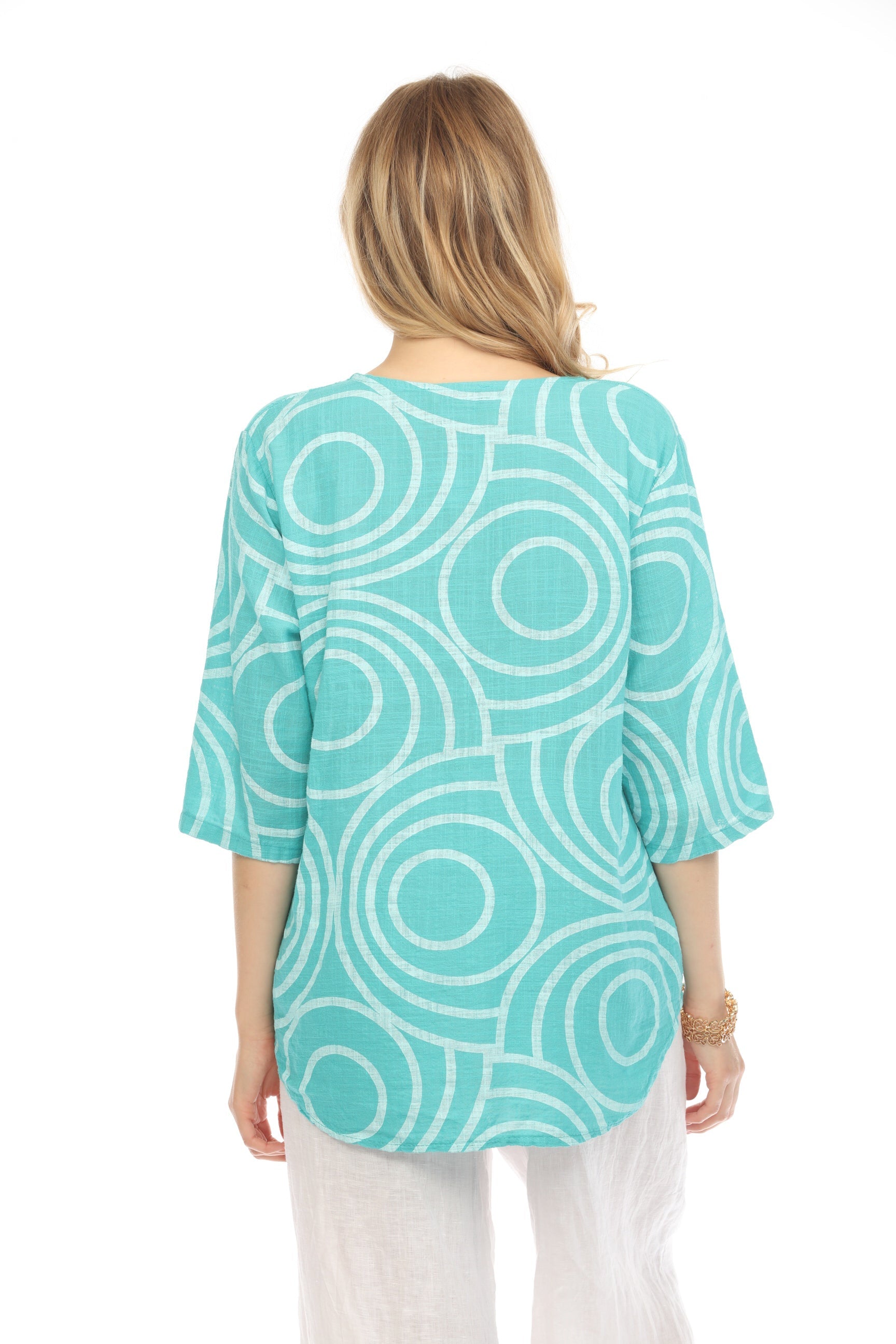 Teal Circle Print one button detail top