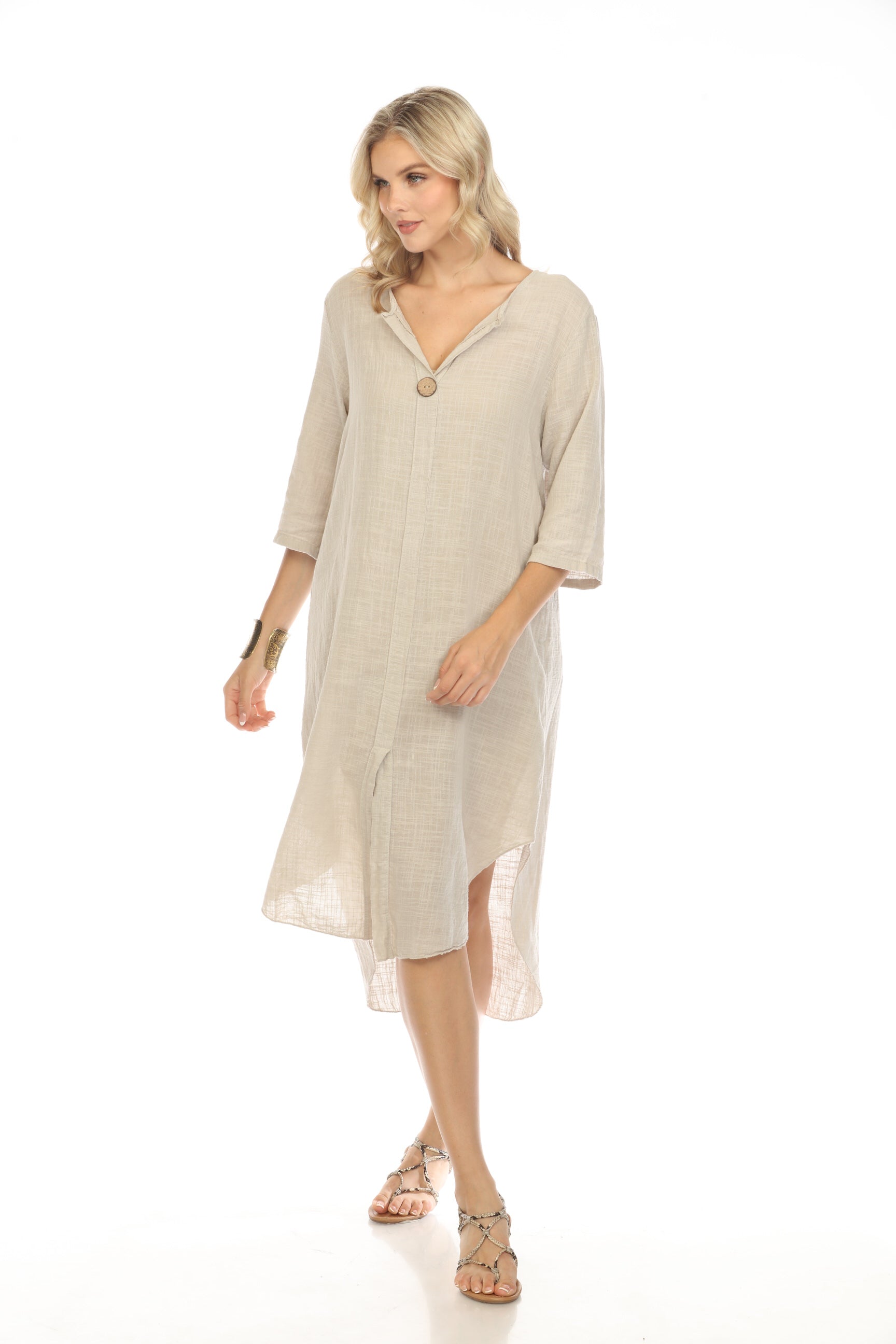 Beige Striped Quarter Sleeves Dress