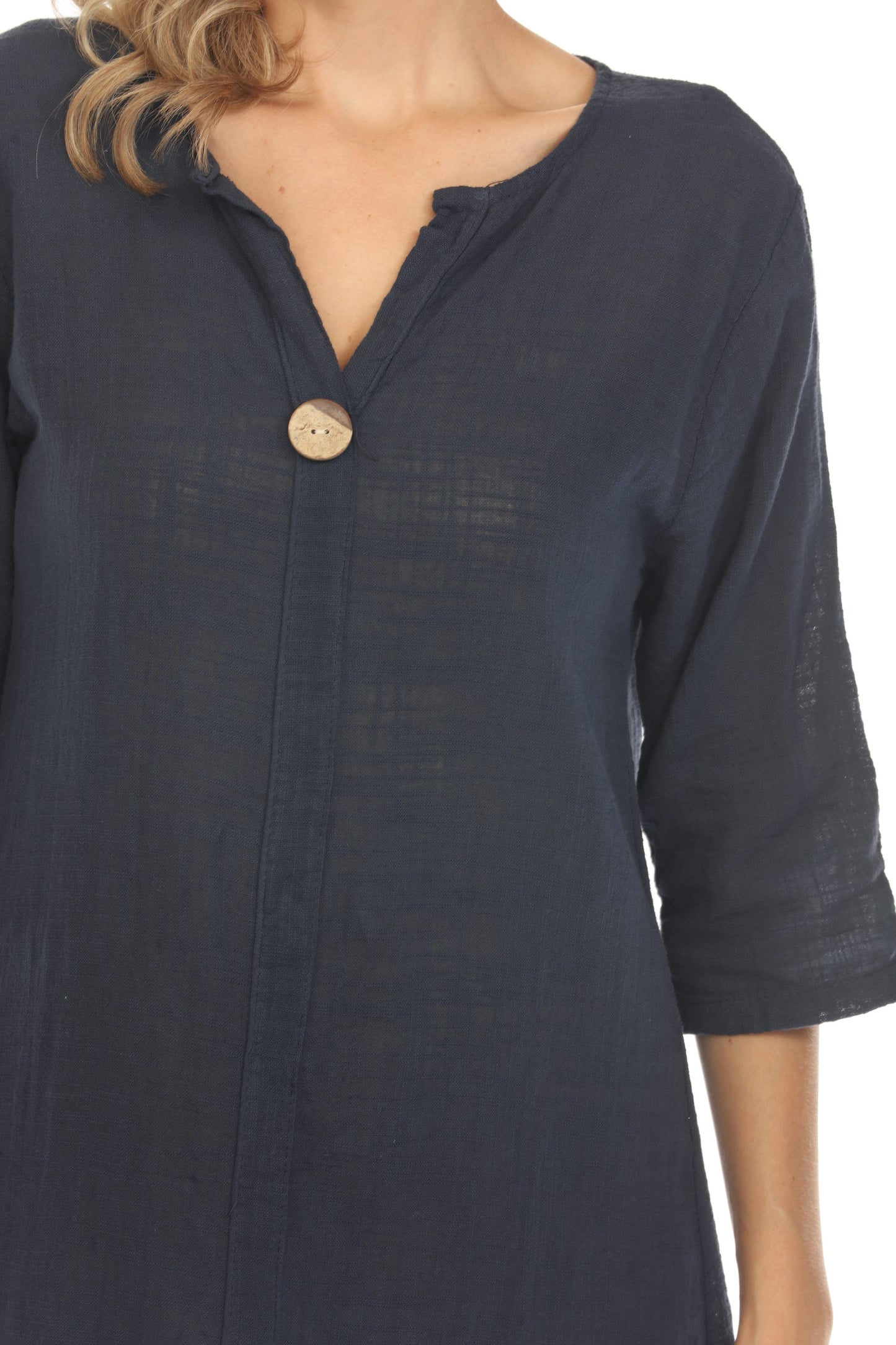 Navy Quarter Sleeves Rounded Slit Dress
