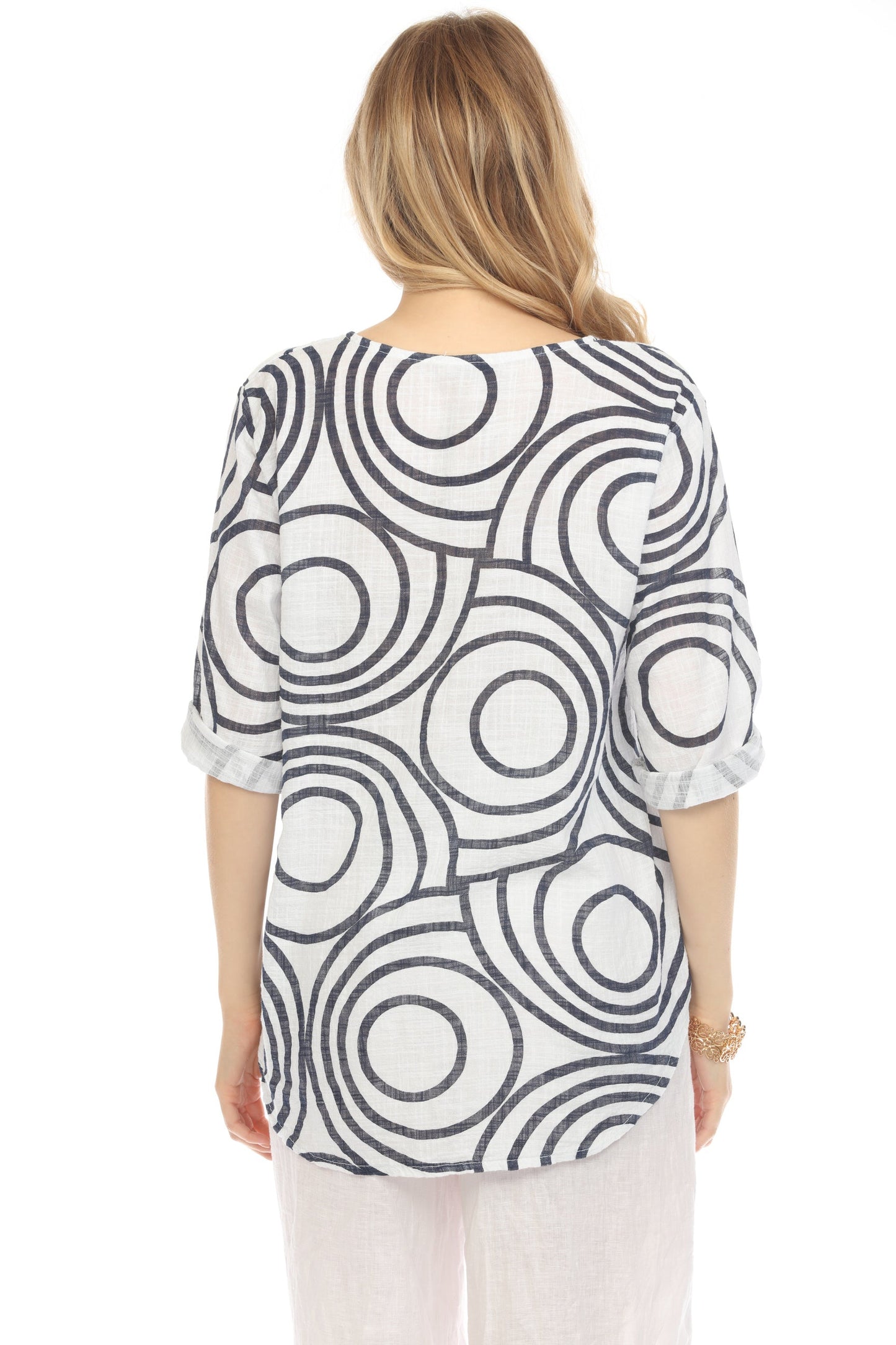 White Circle Print one button detail top