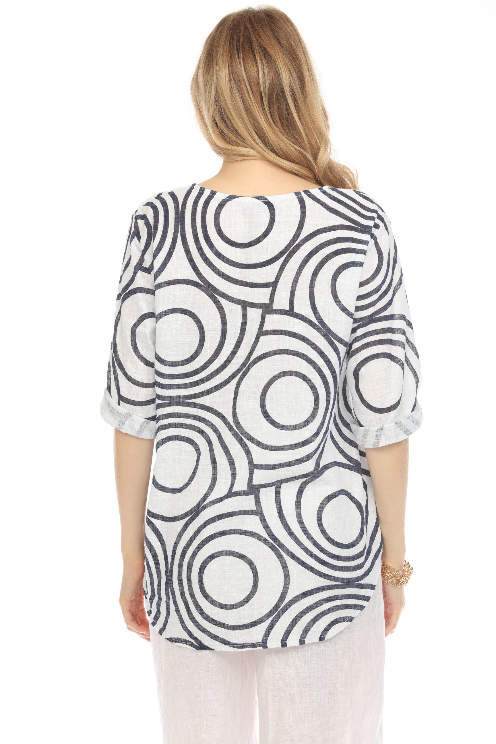 Navy Circle Print one button detail top