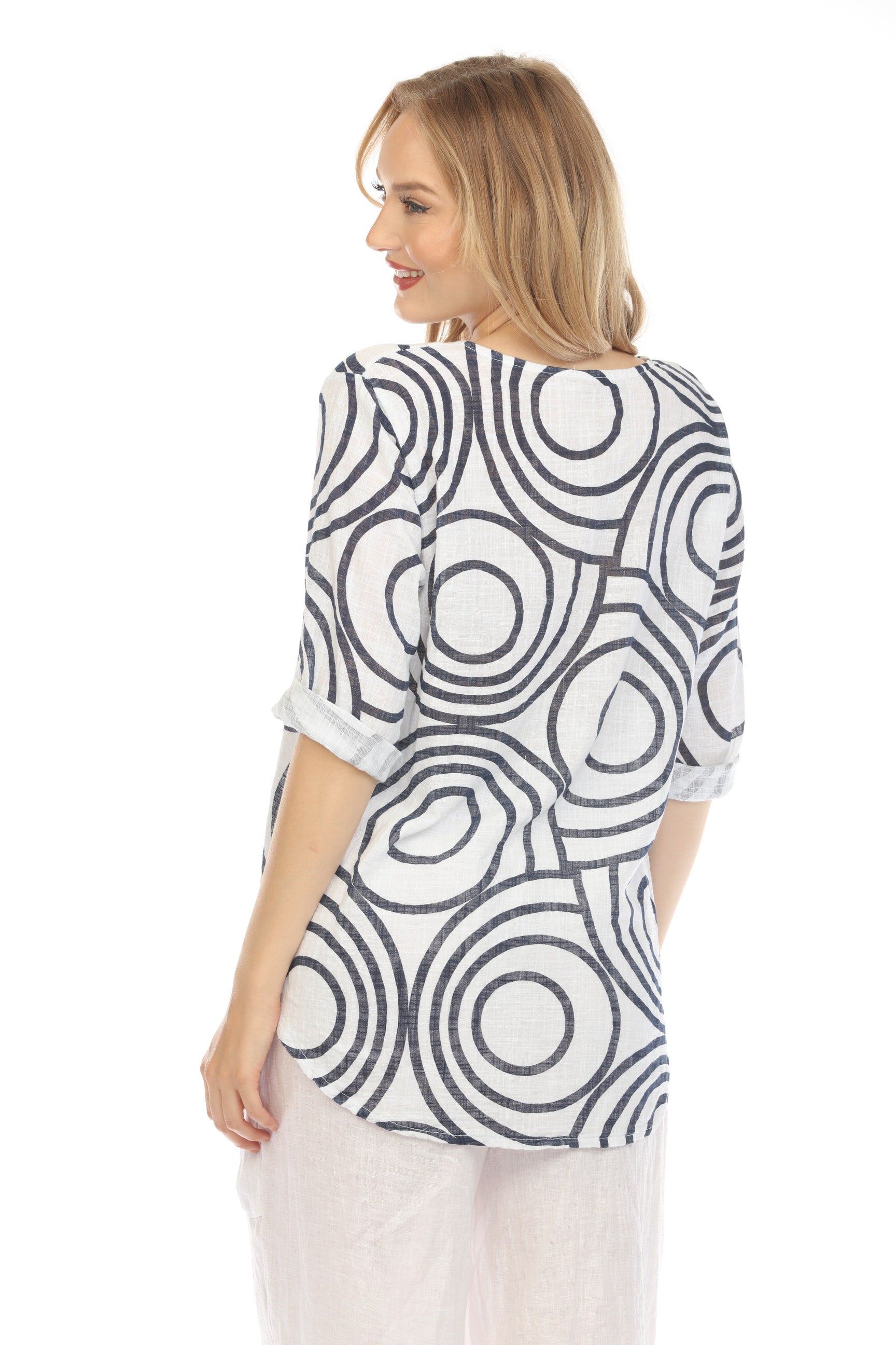 Navy Circle Print one button detail top