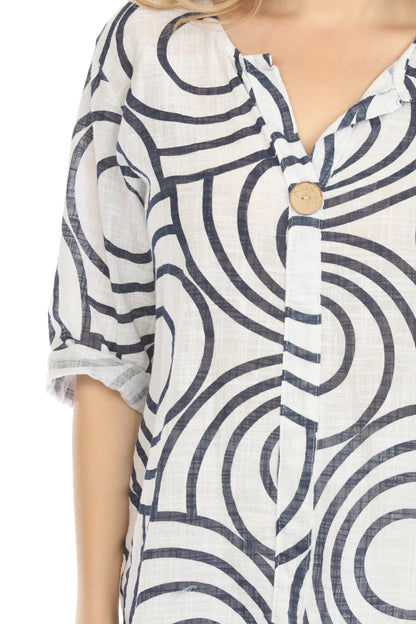 White Circle Print one button detail top