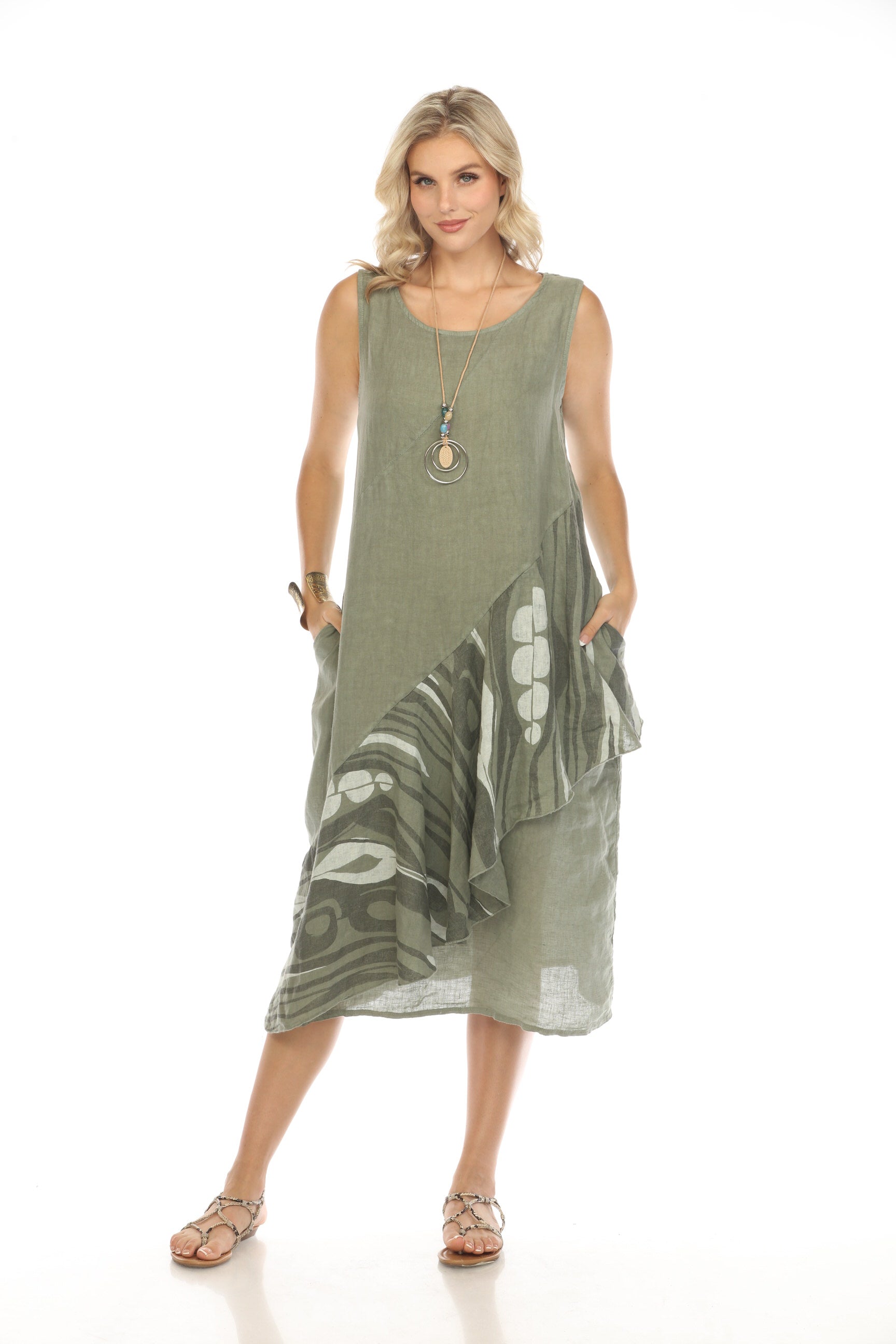 Olive Dress with Pockets and Abstract Design