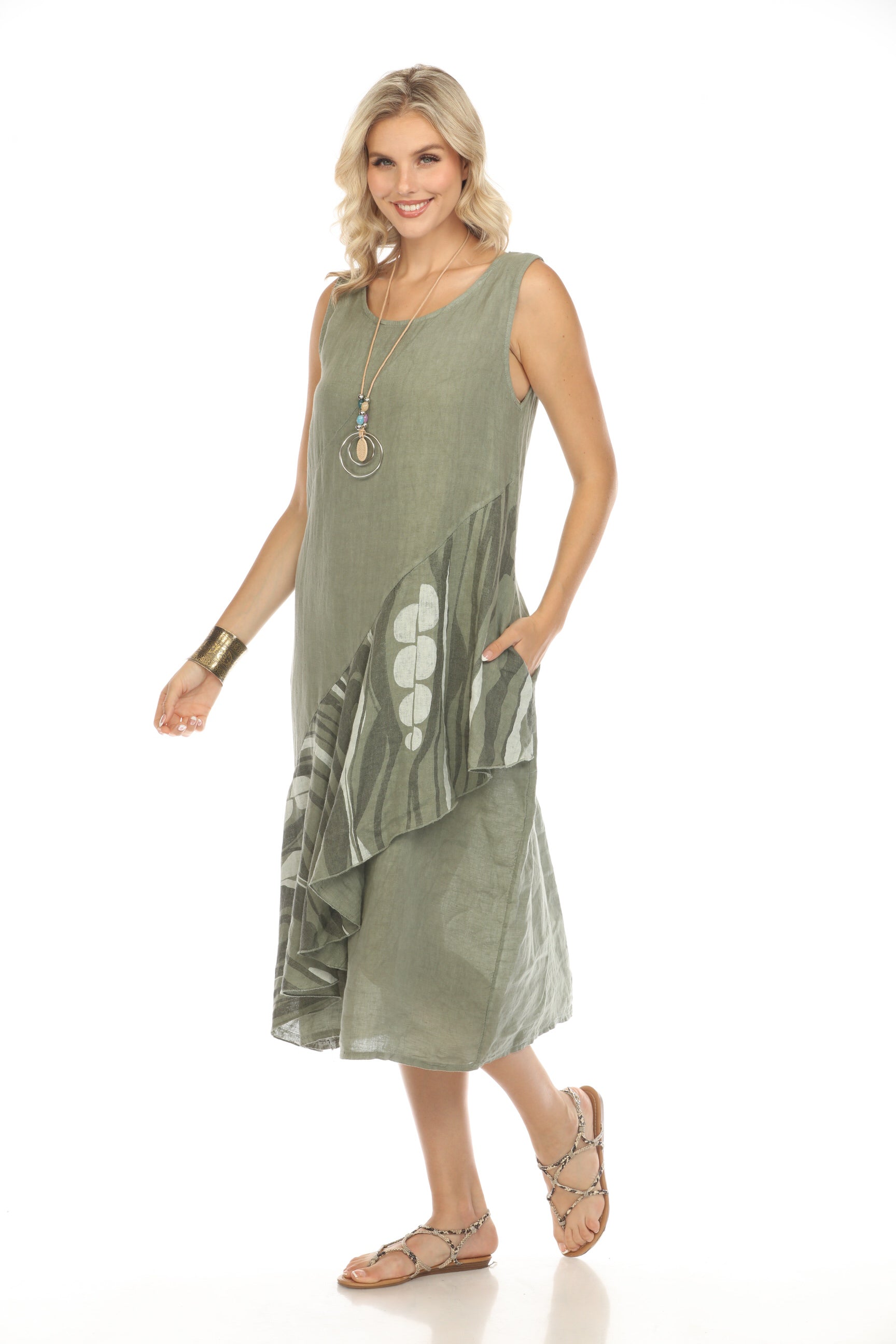 Olive Dress with Pockets and Abstract Design