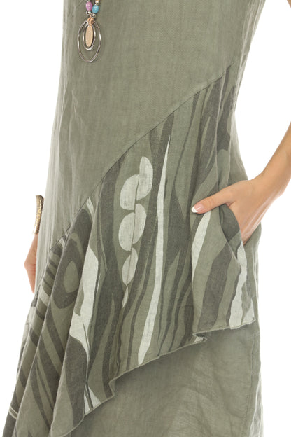 Olive Dress with Pockets and Abstract Design