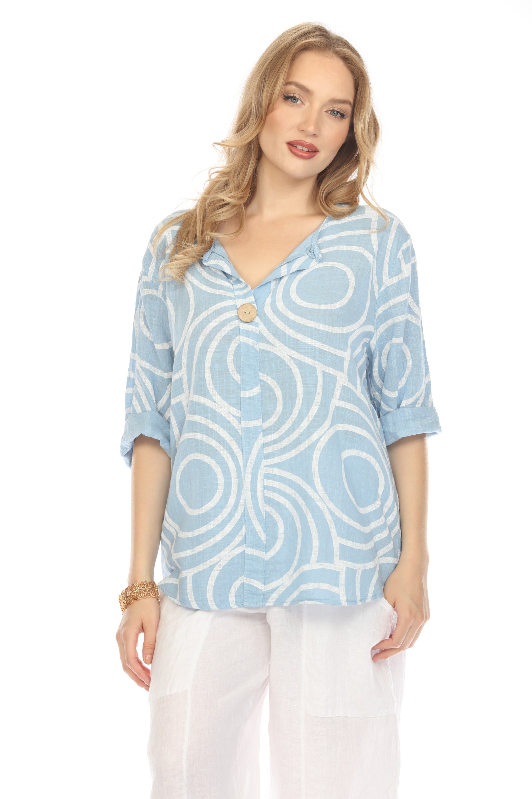 Light Blue Circle Print one button detail top