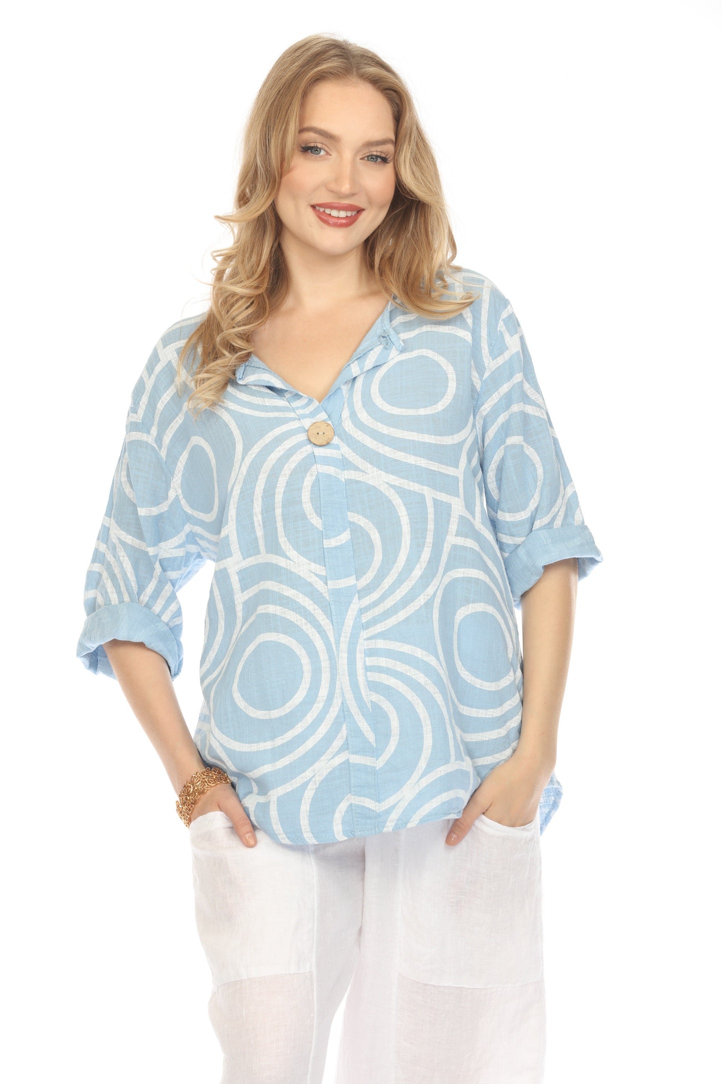 Light Blue Circle Print one button detail top