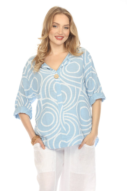 Light Blue Circle Print one button detail top