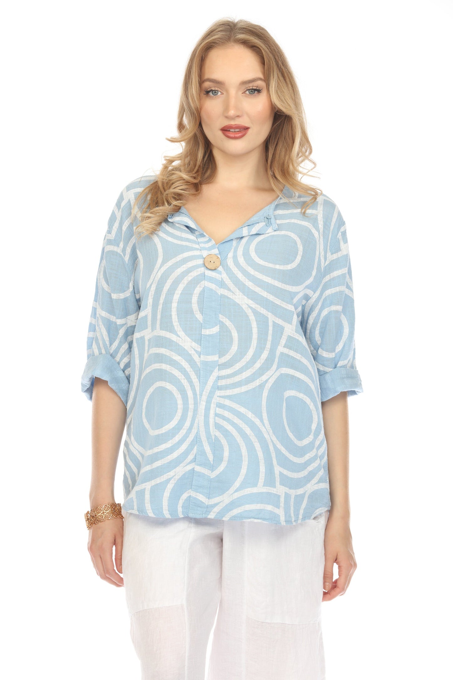 Light Blue Circle Print one button detail top