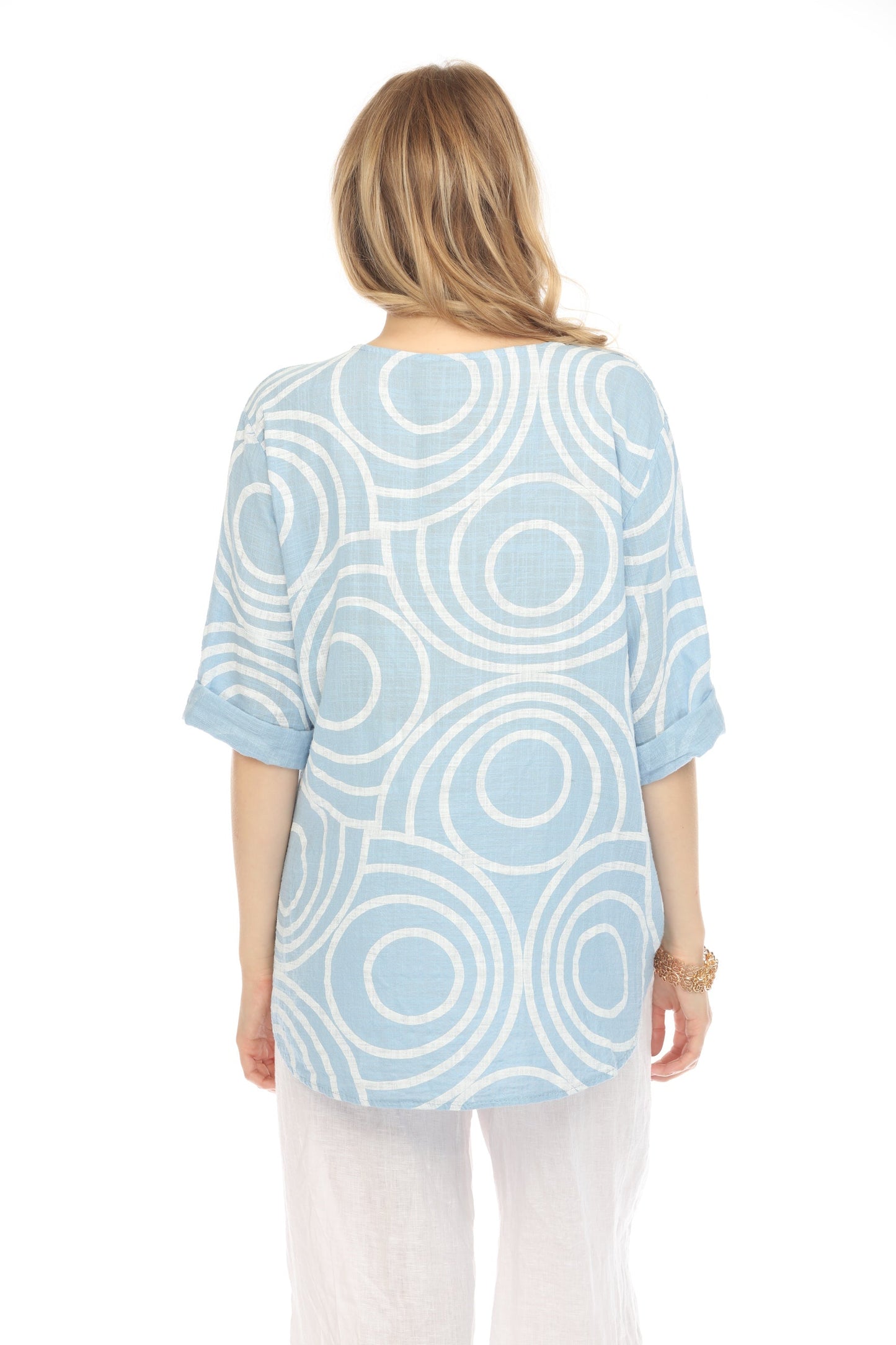 Light Blue Circle Print one button detail top