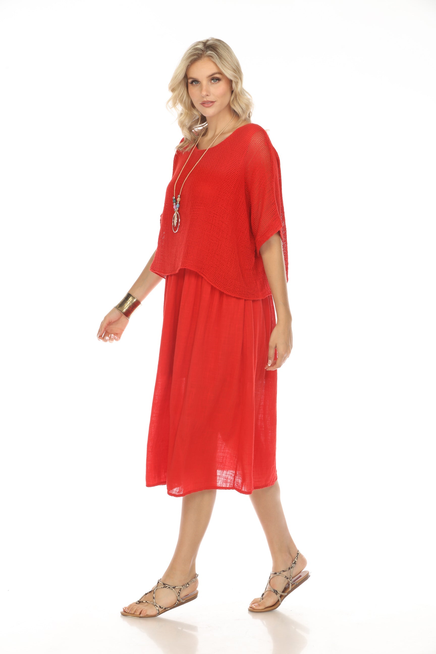 Red Cape Style Dress with Netting Detail