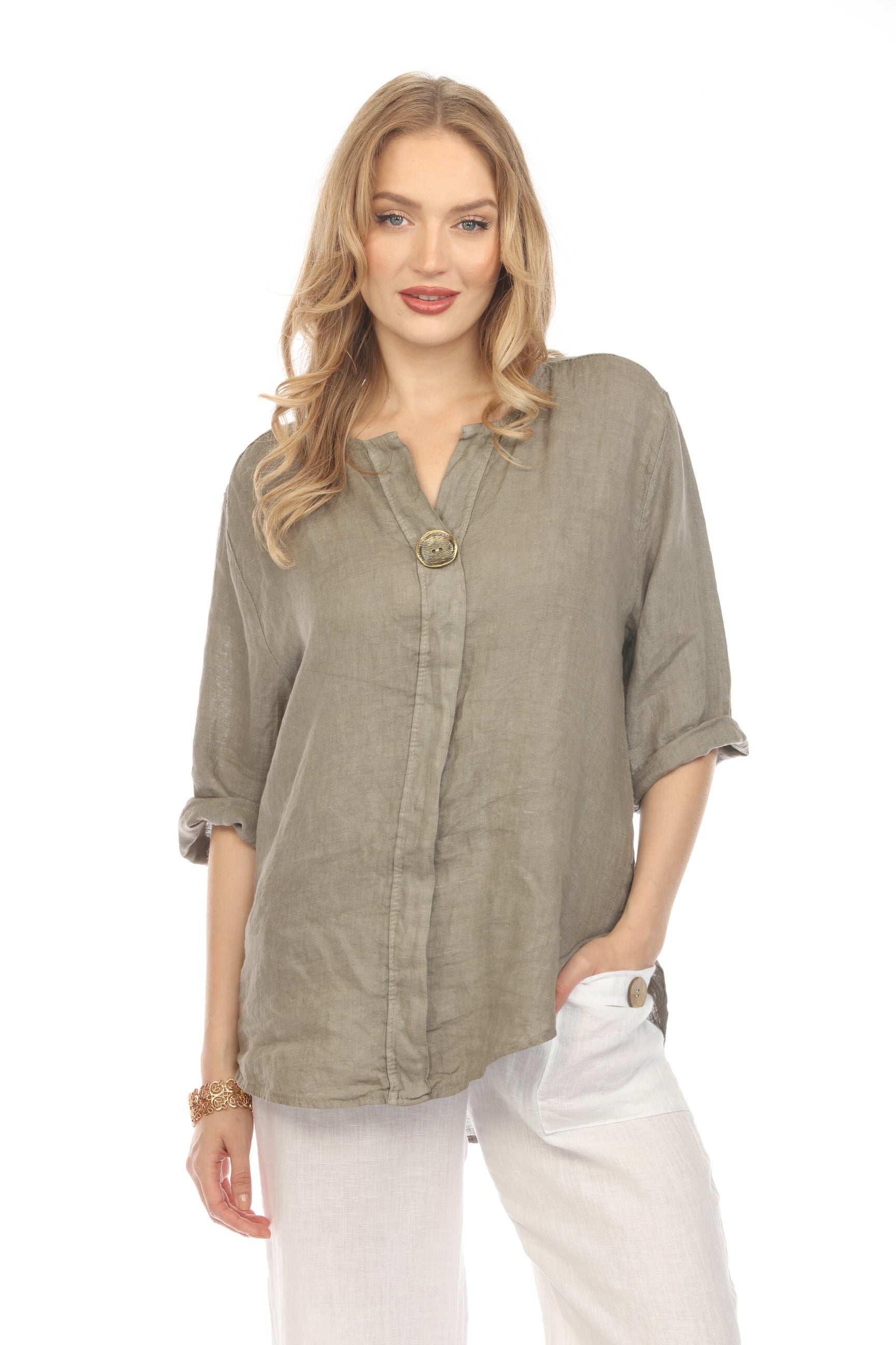 Taupe Bronze Button 3/4 Rollup Sleeves Top