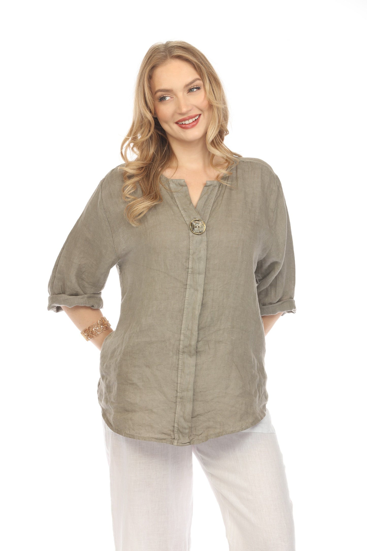 Taupe Bronze Button 3/4 Rollup Sleeves Top