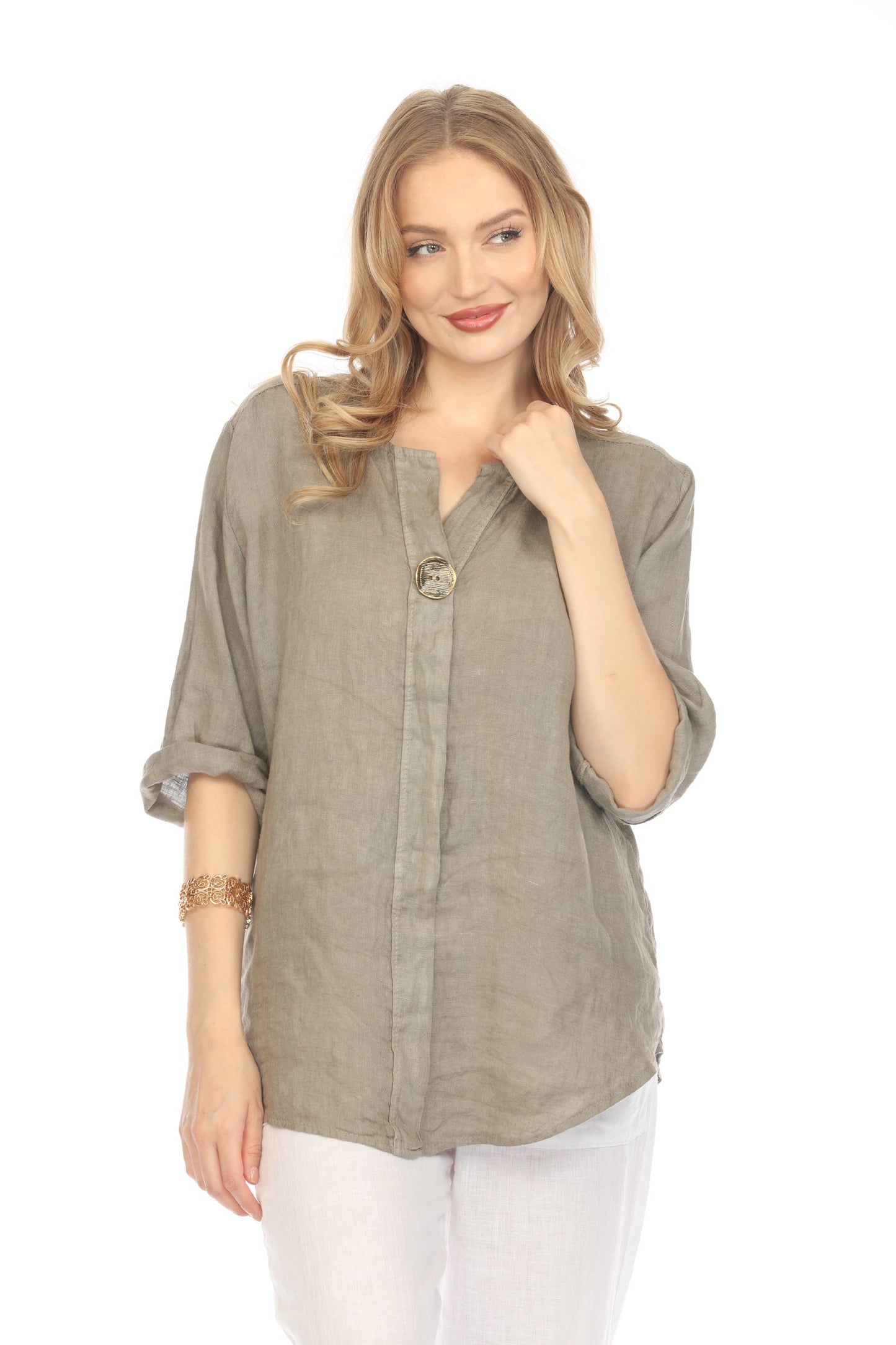 Taupe Bronze Button 3/4 Rollup Sleeves Top