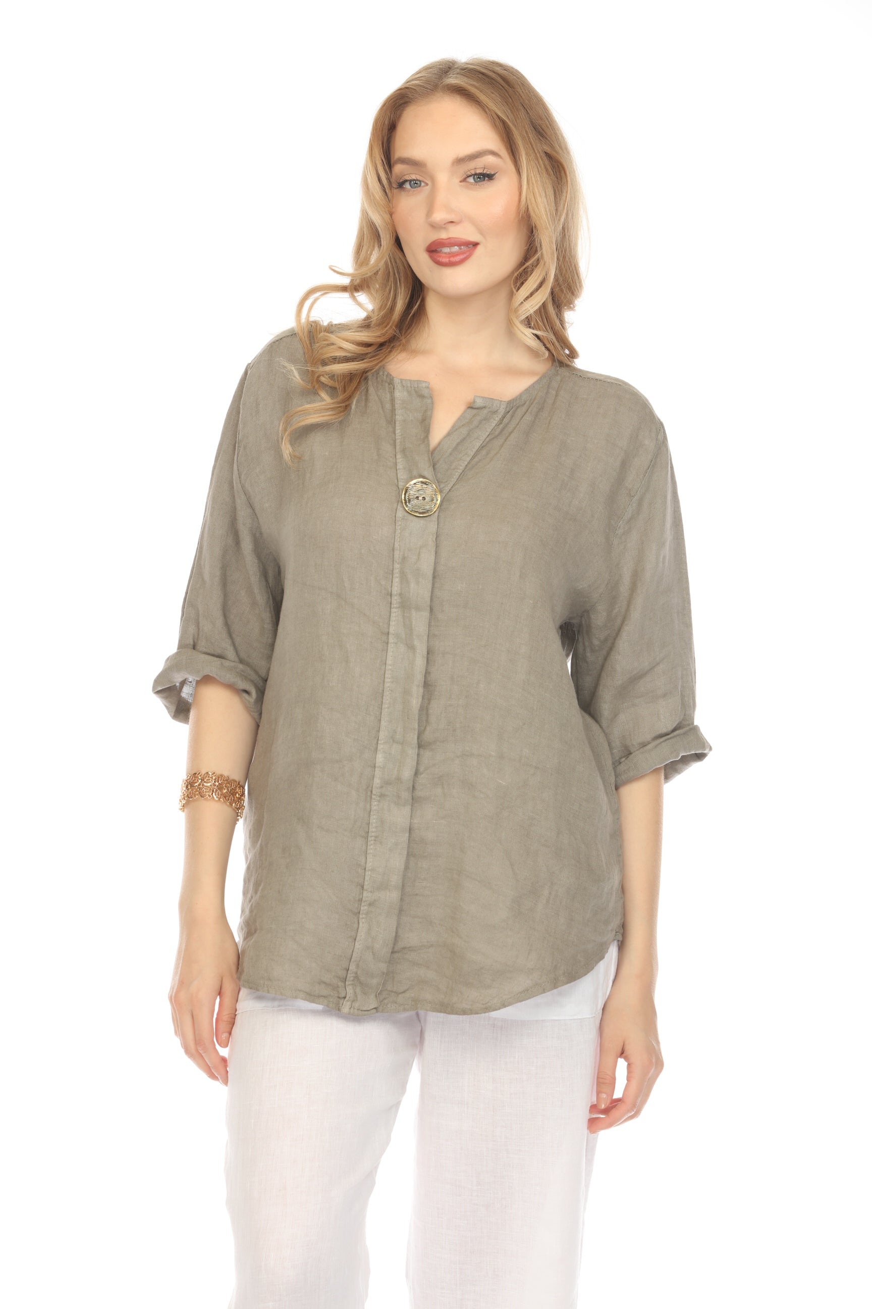 Taupe Bronze Button 3/4 Rollup Sleeves Top