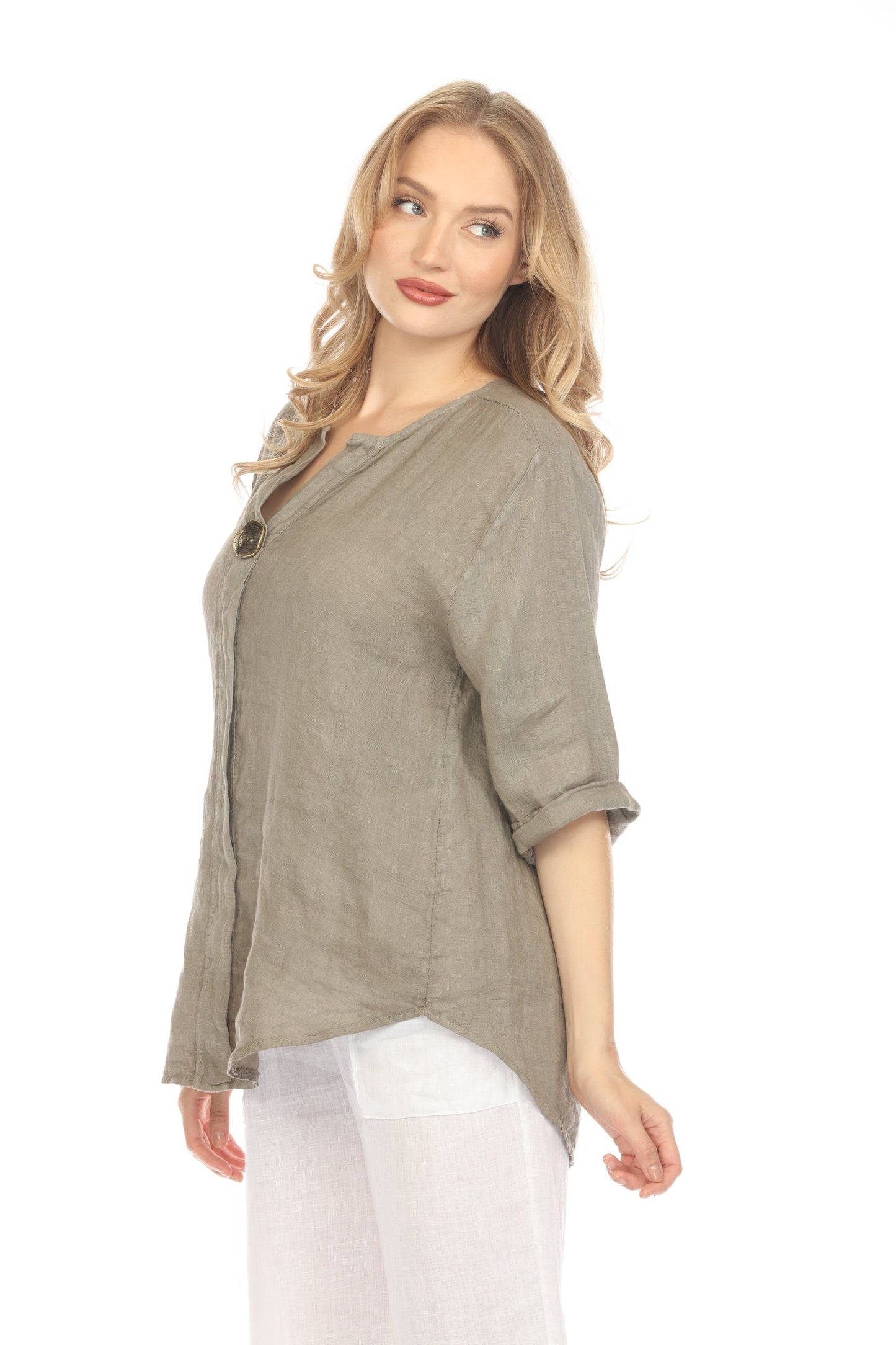 Taupe Bronze Button 3/4 Rollup Sleeves Top