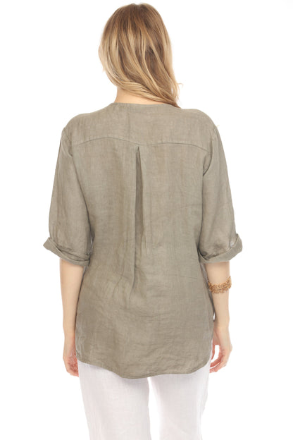 Taupe Bronze Button 3/4 Rollup Sleeves Top