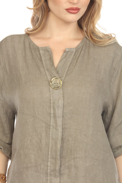 Taupe Bronze Button 3/4 Rollup Sleeves Top