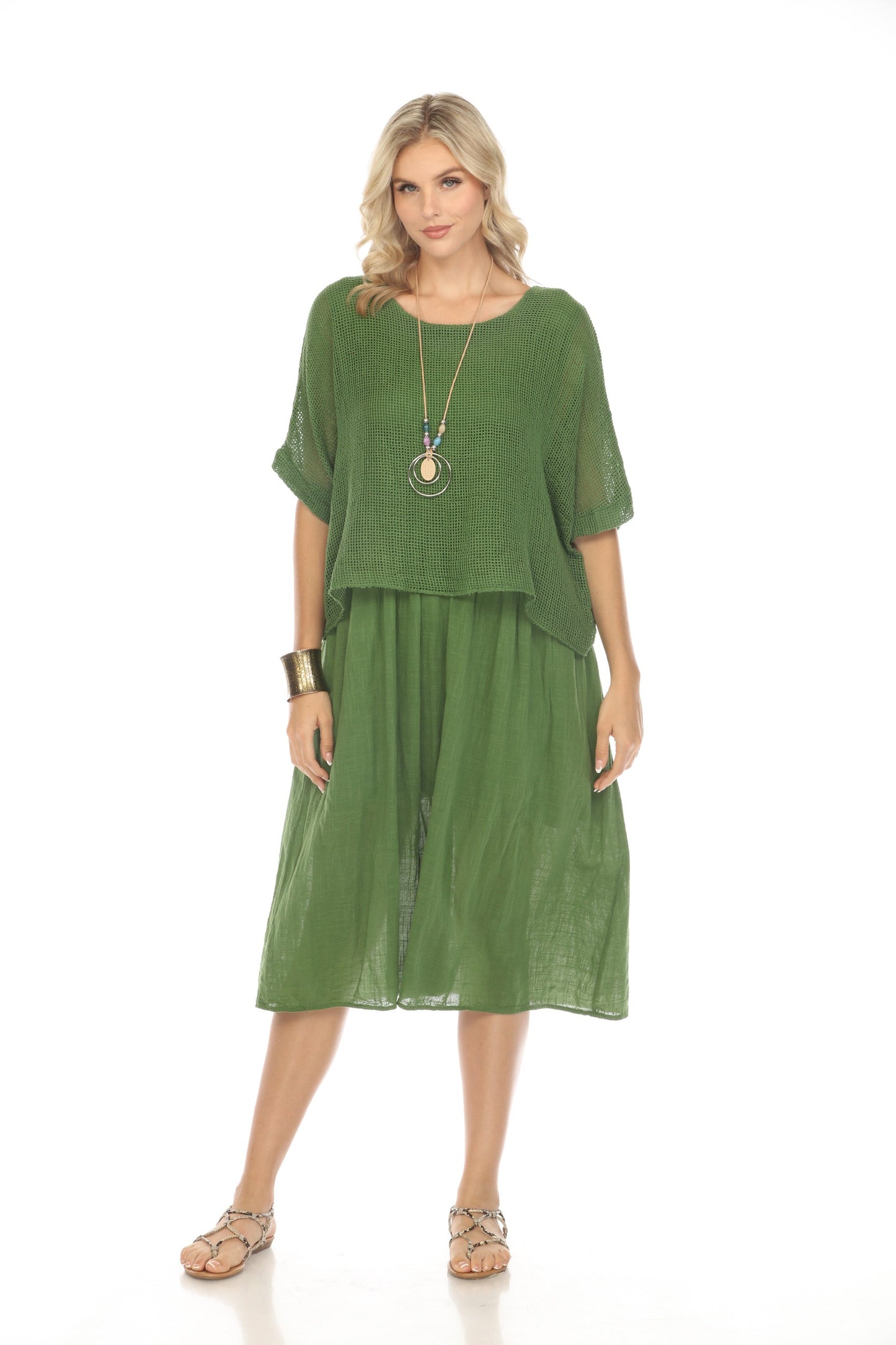 Moss Green Cape Style Dress with Netting Detail