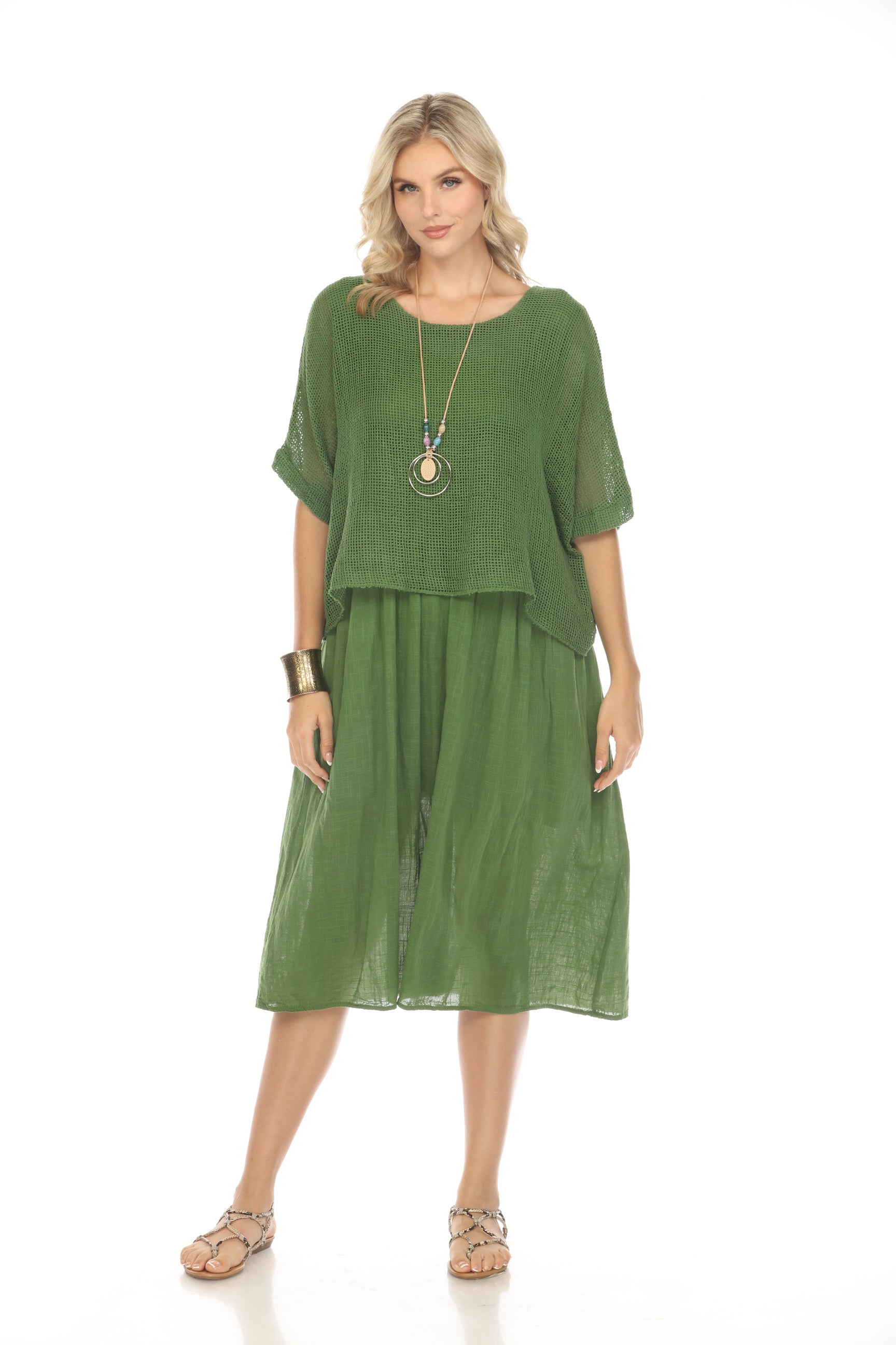 Moss Green Cape Style Dress with Netting Detail