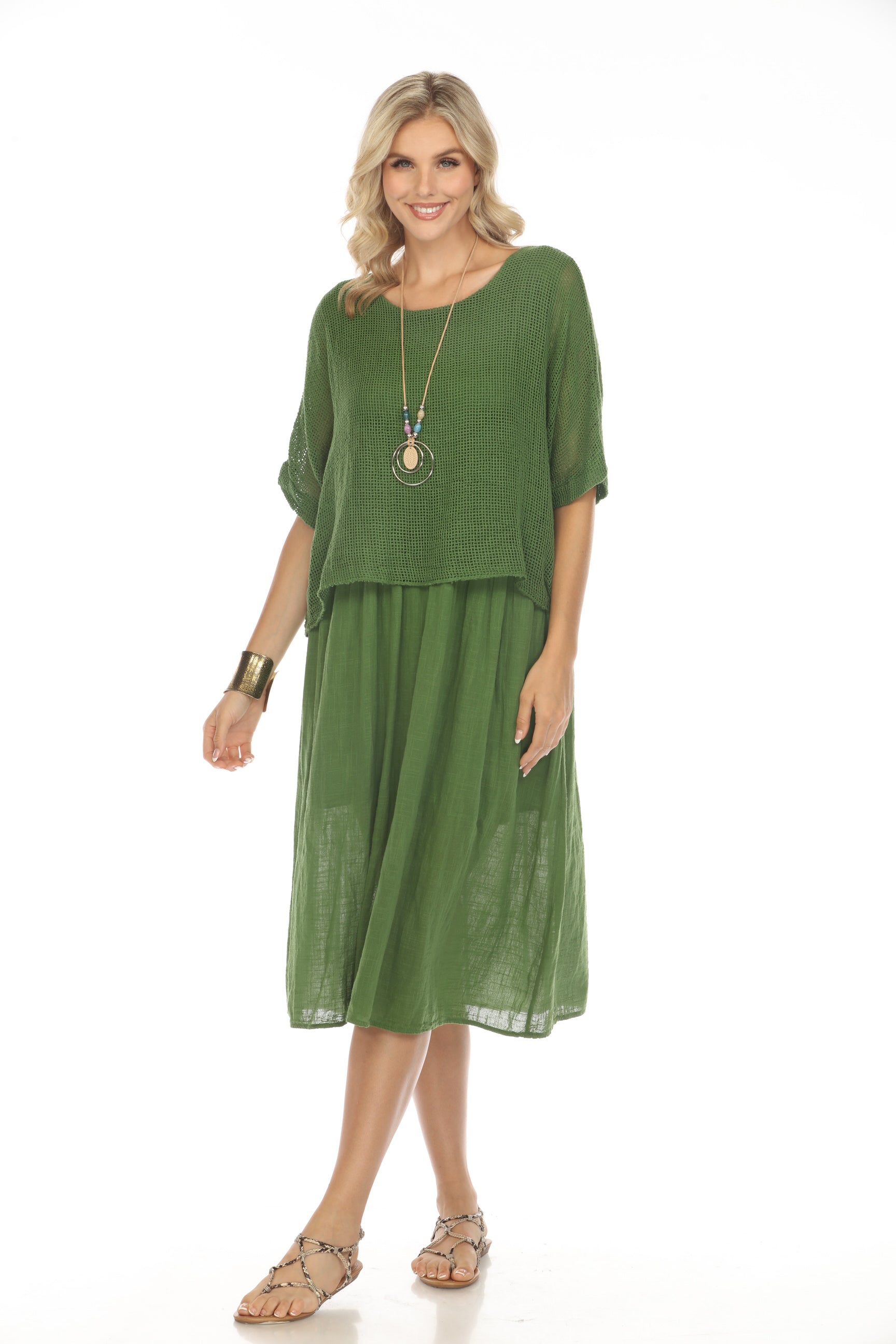 Moss Green Cape Style Dress with Netting Detail