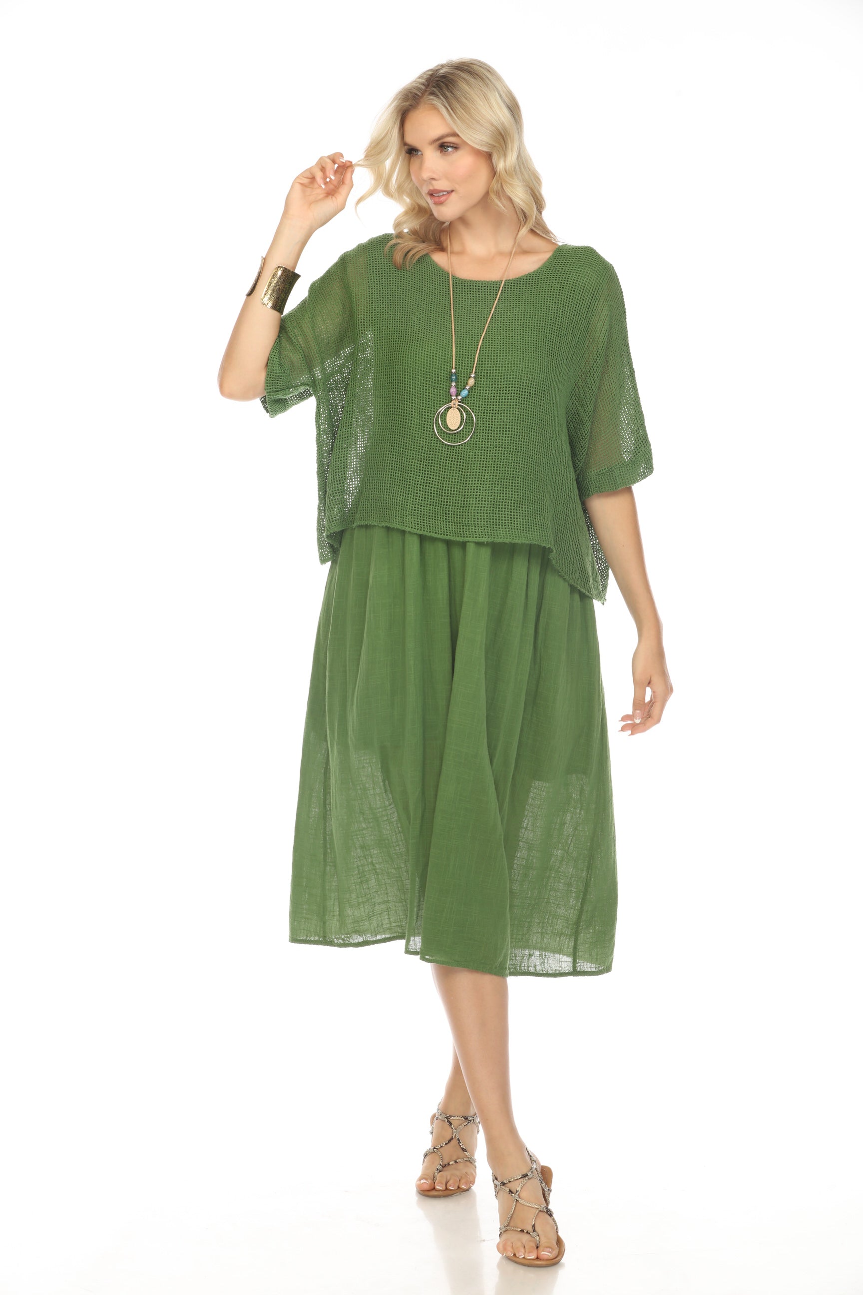 Moss Green Cape Style Dress with Netting Detail