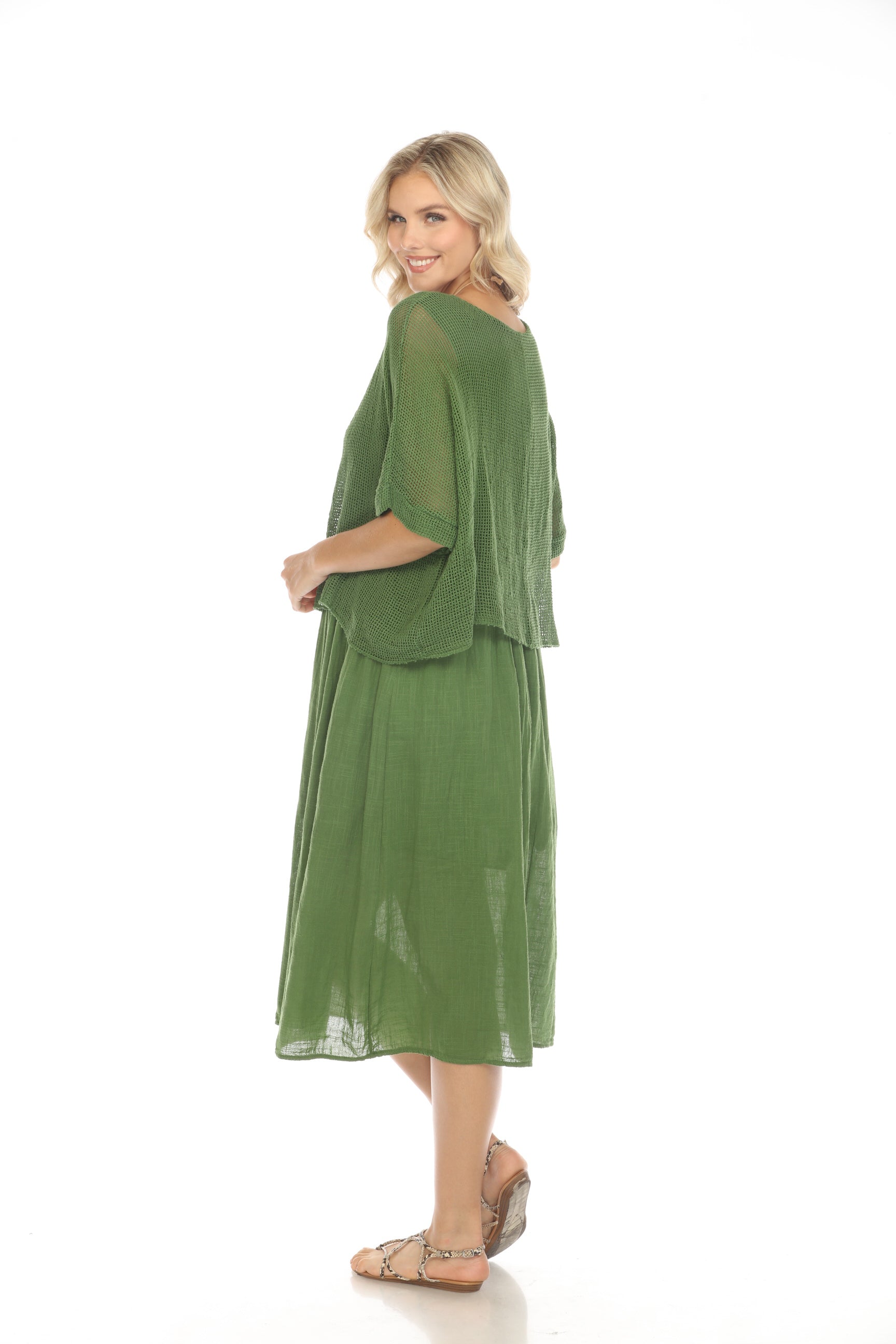 Moss Green Cape Style Dress with Netting Detail