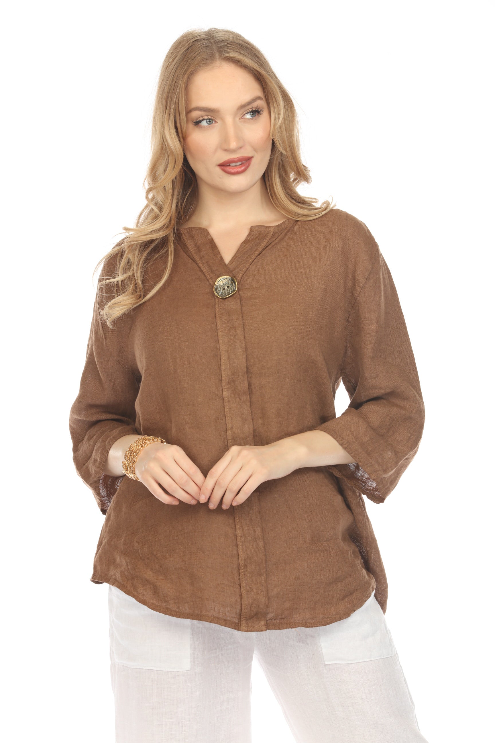 Rust Bronze Button 3/4 Rollup Sleeves Top