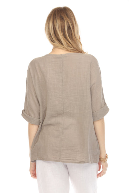 Light Grey Plain boat neck rollup sleeves Top