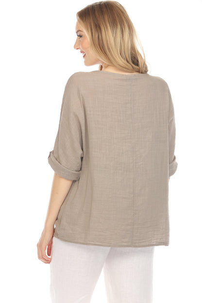 Light Grey Plain boat neck rollup sleeves Top